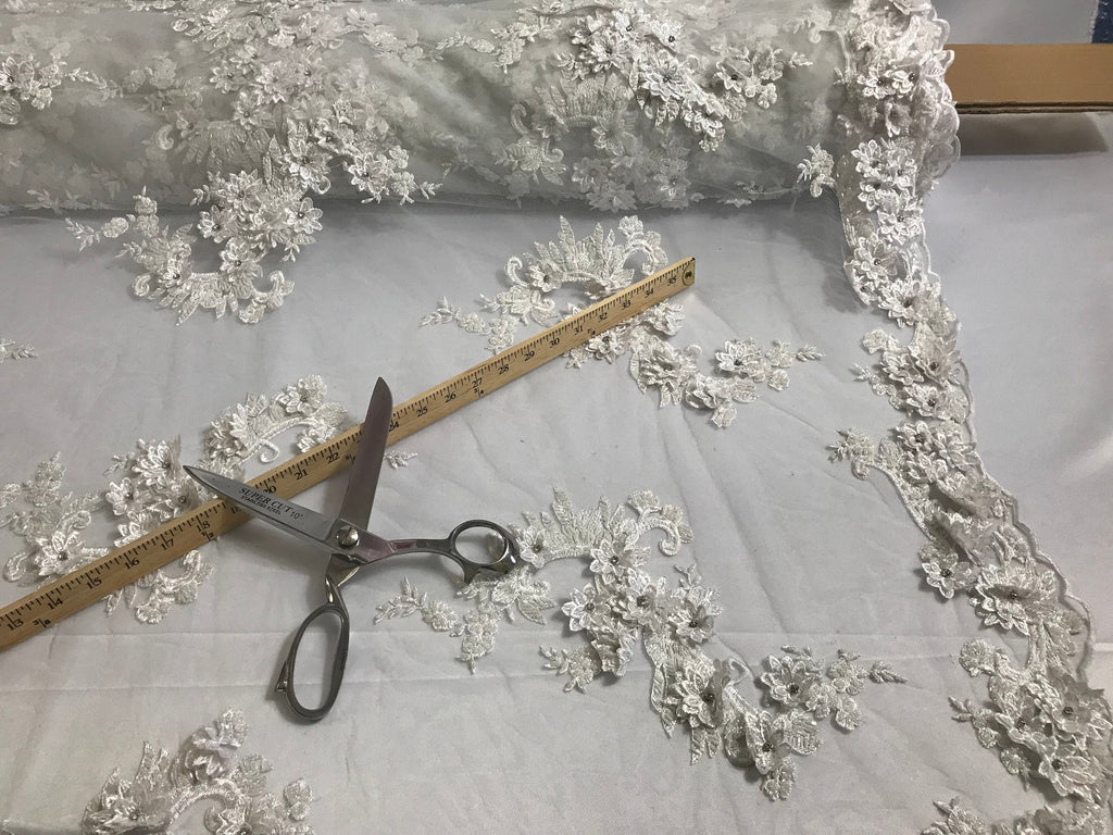 Floral - White - 3D Beaded Embroidery Fabric with Rhinestones - Beautiful Design by The Yard