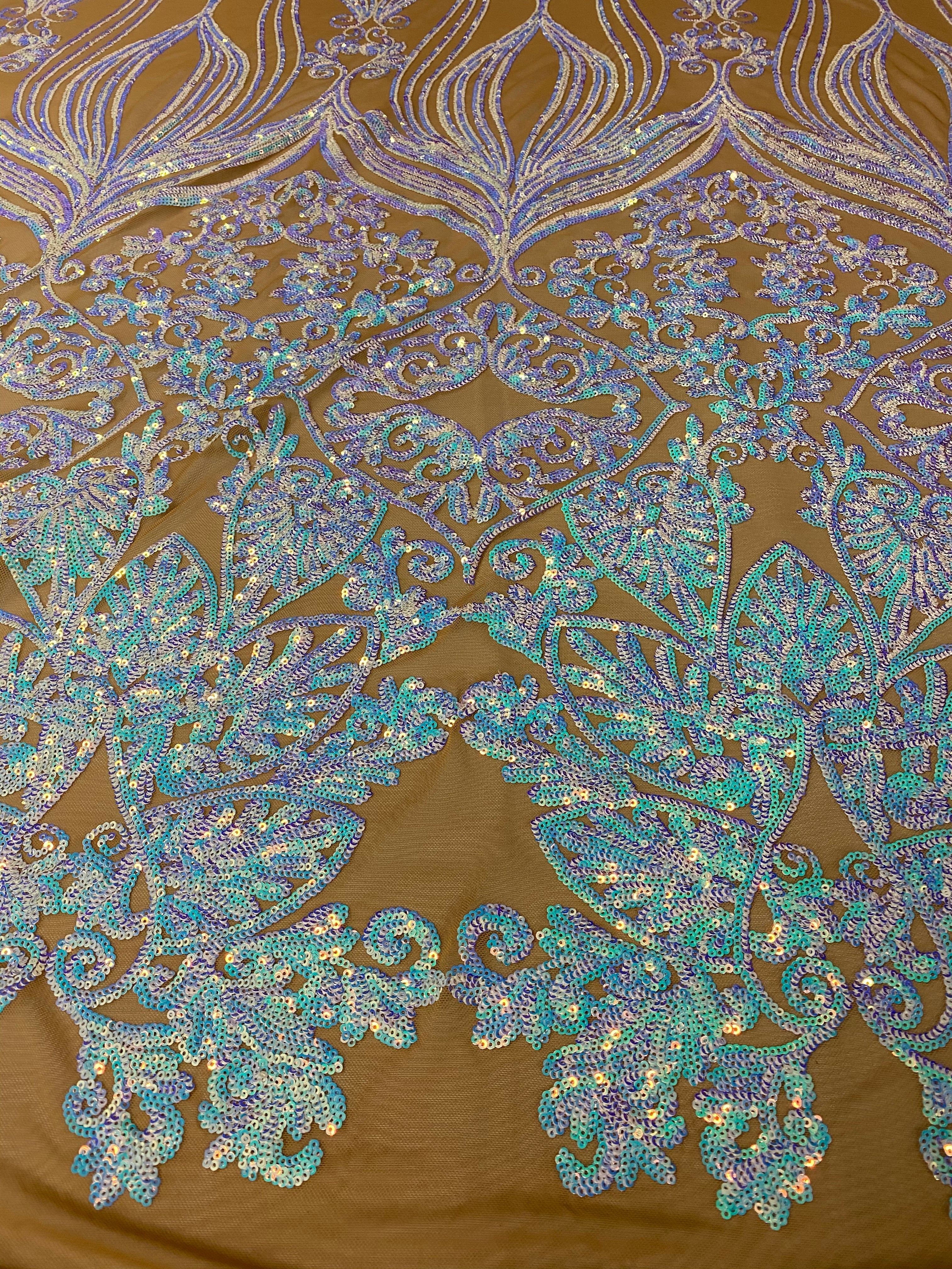 Damask Hearts Sequins - Iridescent Aqua - 4 Way Stretch Design Fancy Heart Shape Fabric On Mesh