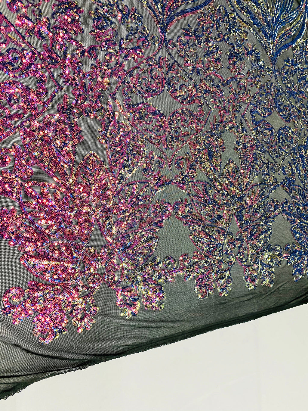 Damask Hearts Sequins - Iridescent Rainbow - 4 Way Stretch Design Fancy Heart Shape Fabric On Mesh