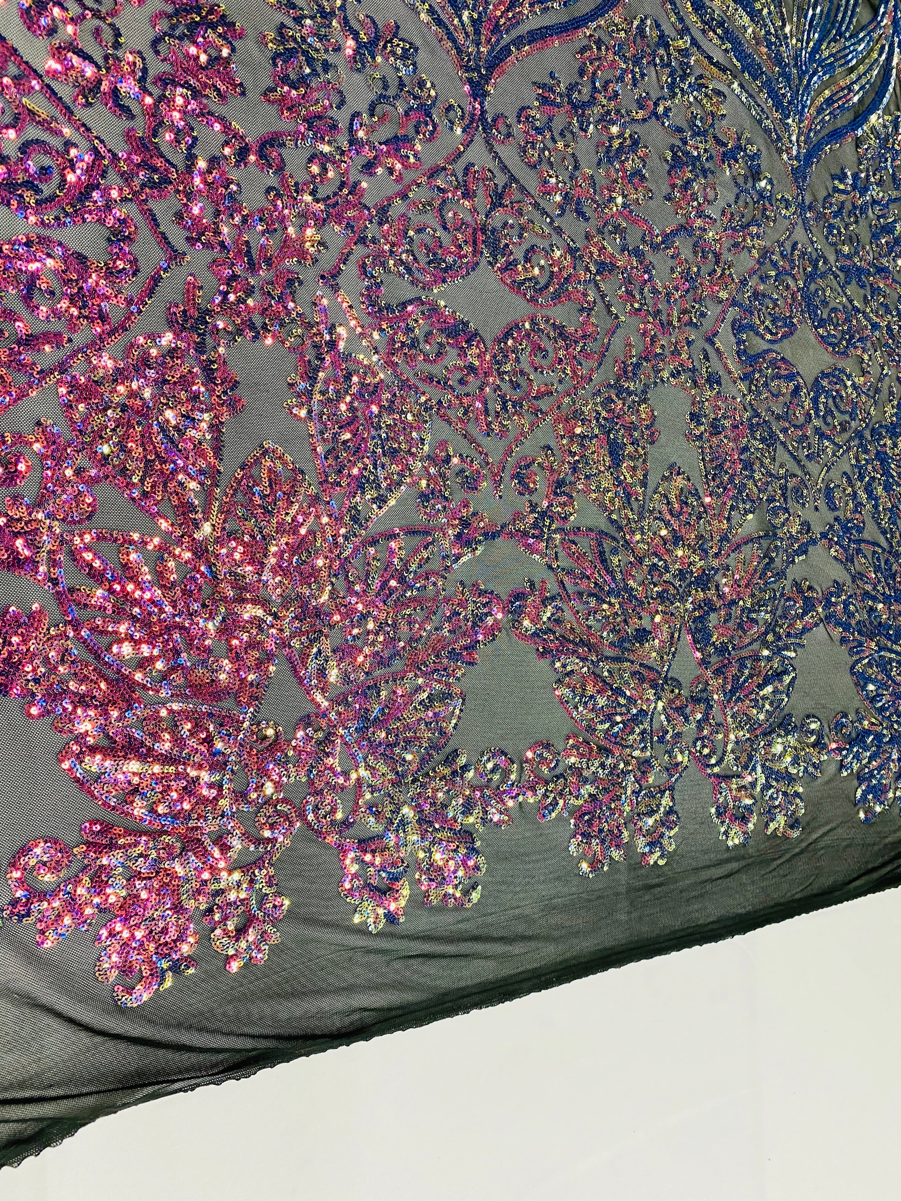 Damask Hearts Sequins - Iridescent Rainbow - 4 Way Stretch Design Fancy Heart Shape Fabric On Mesh