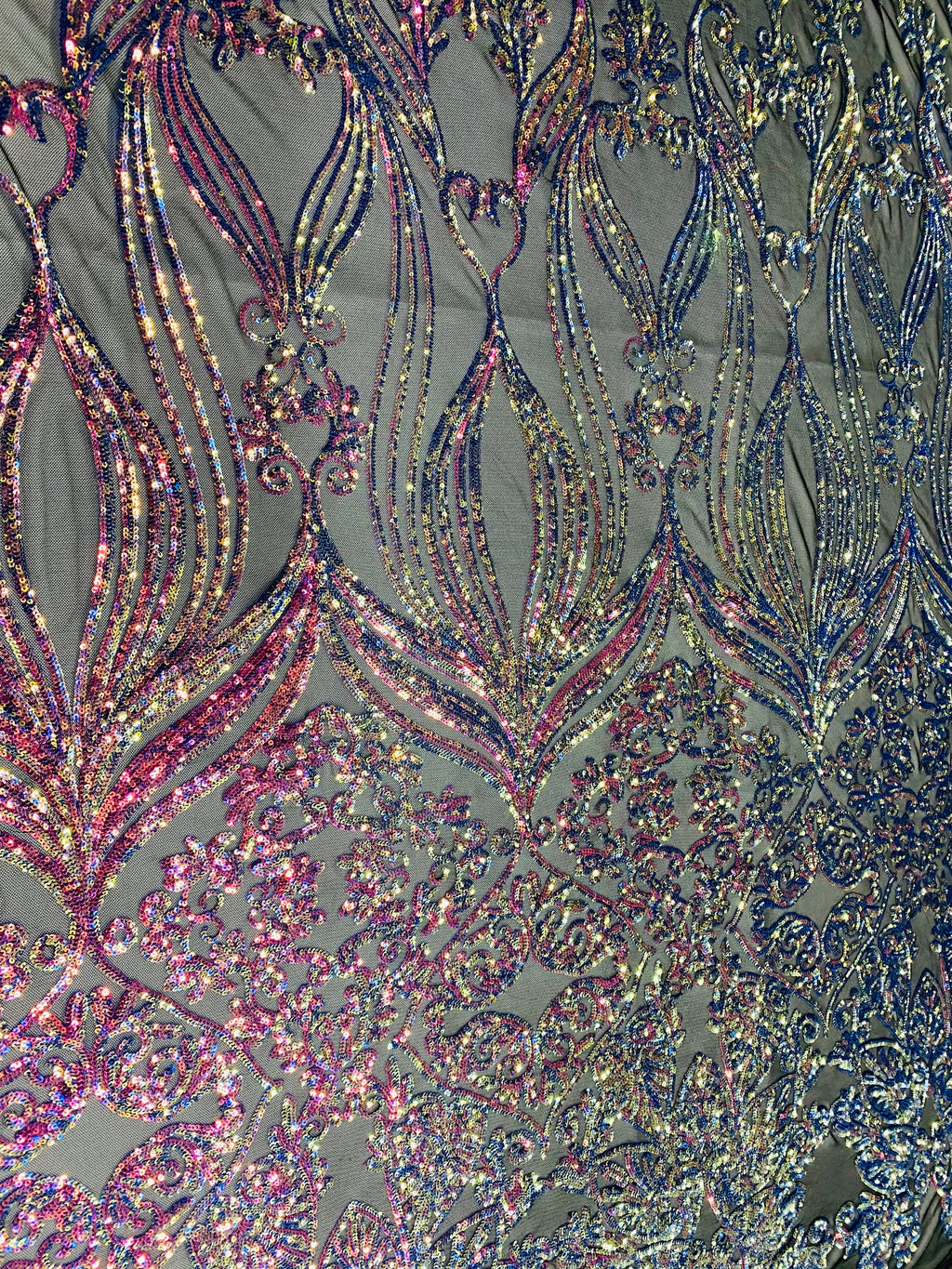 Damask Hearts Sequins - Iridescent Rainbow - 4 Way Stretch Design Fancy Heart Shape Fabric On Mesh