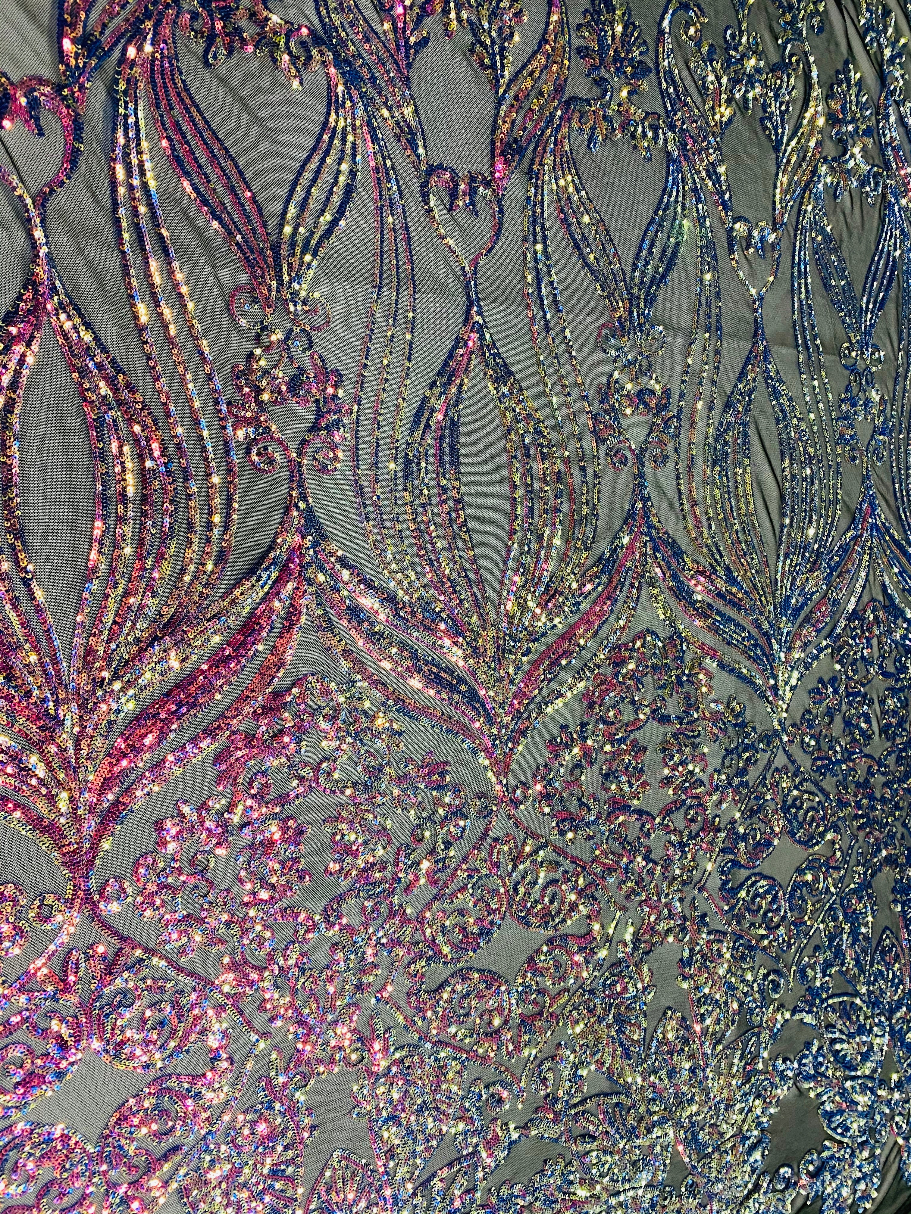 Damask Hearts Sequins - Iridescent Rainbow - 4 Way Stretch Design Fancy Heart Shape Fabric On Mesh