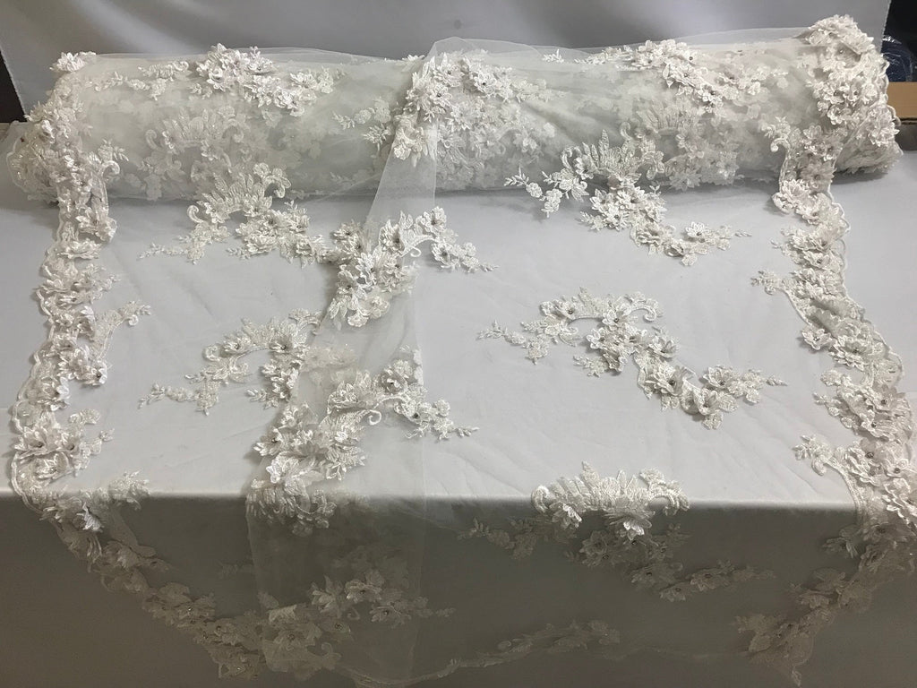 Floral - White - 3D Beaded Embroidery Fabric with Rhinestones - Beautiful Design by The Yard