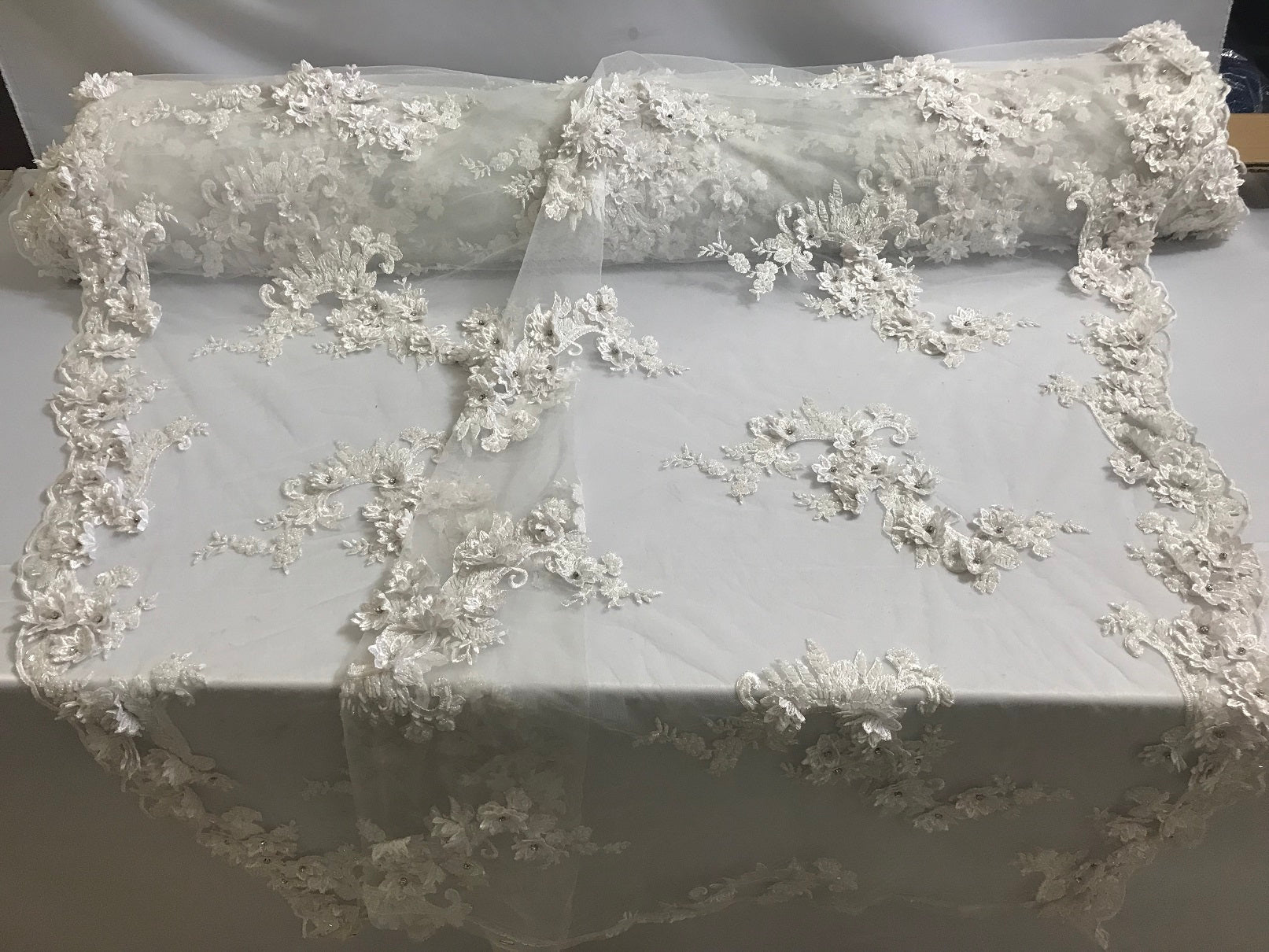 Floral - White - 3D Beaded Embroidery Fabric with Rhinestones - Beautiful Design by The Yard