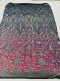 Damask Hearts Sequins - Iridescent Rainbow - 4 Way Stretch Design Fancy Heart Shape Fabric On Mesh
