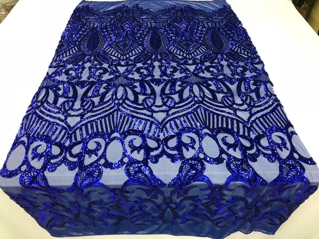 Fabric 4 Way Stretch By The Yard - Royal Sequins - Embroidered Mesh Design Fabric By The Yard