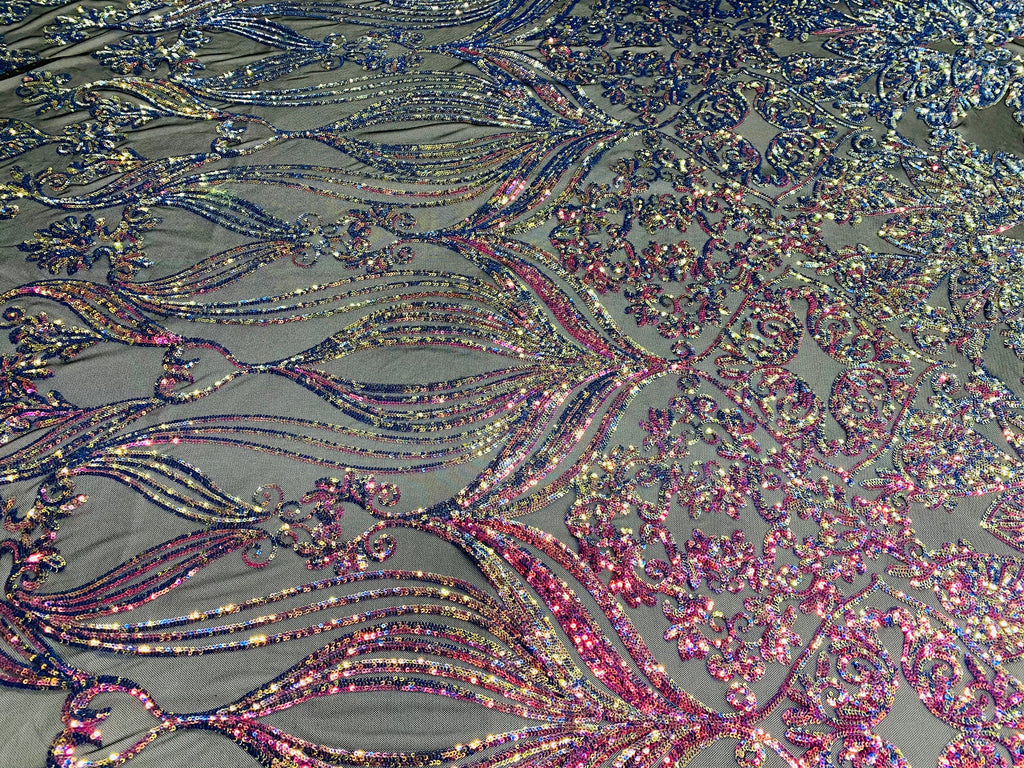 Damask Hearts Sequins - Iridescent Rainbow - 4 Way Stretch Design Fancy Heart Shape Fabric On Mesh