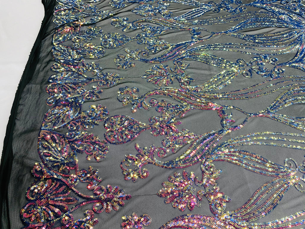Damask Hearts Sequins - Iridescent Rainbow - 4 Way Stretch Design Fancy Heart Shape Fabric On Mesh