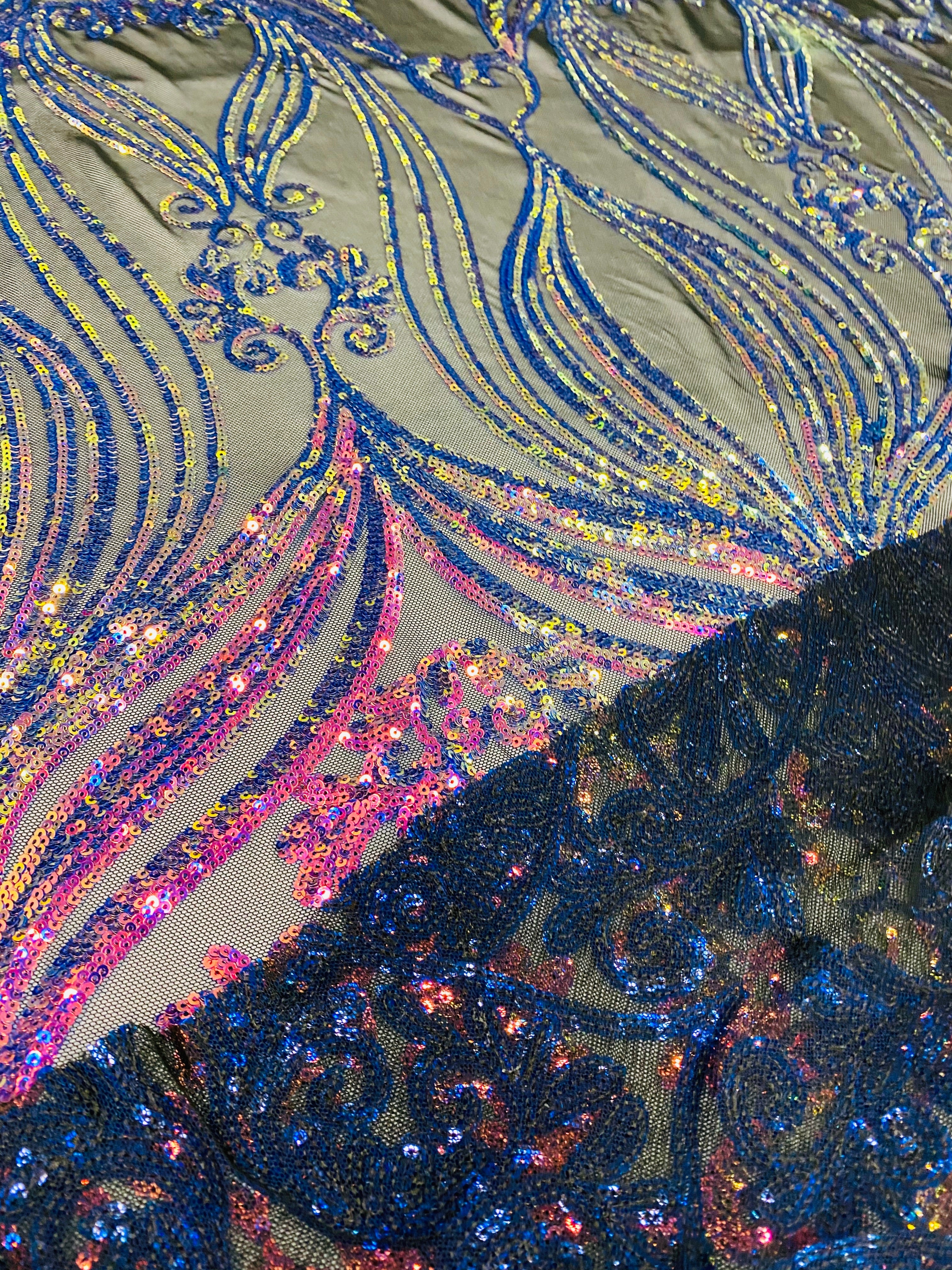 Damask Hearts Sequins - Iridescent Rainbow - 4 Way Stretch Design Fancy Heart Shape Fabric On Mesh