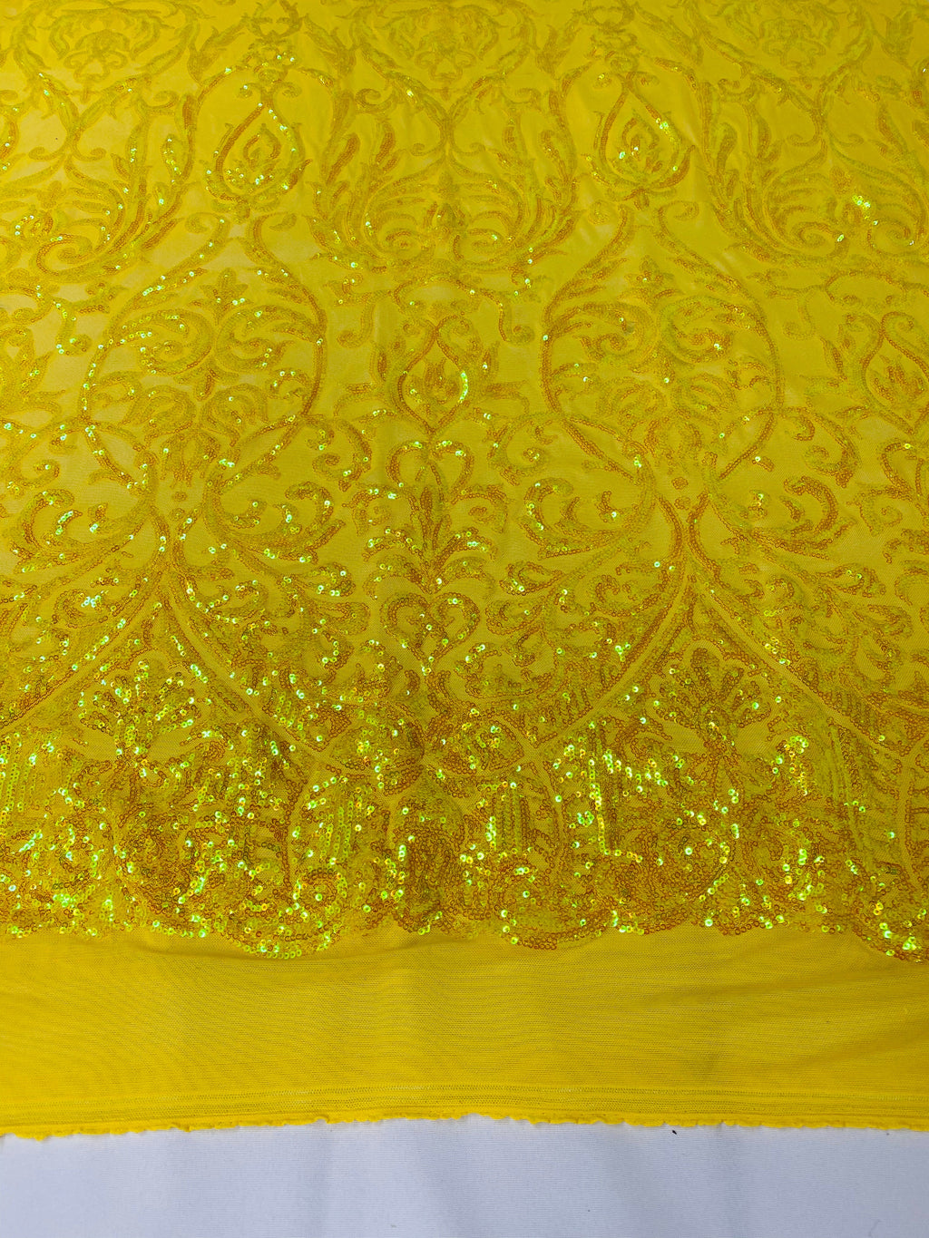 Damask Decor Sequins - Iridescent Yellow - 4 Way Stretch Design High Quality Fabric On Mesh