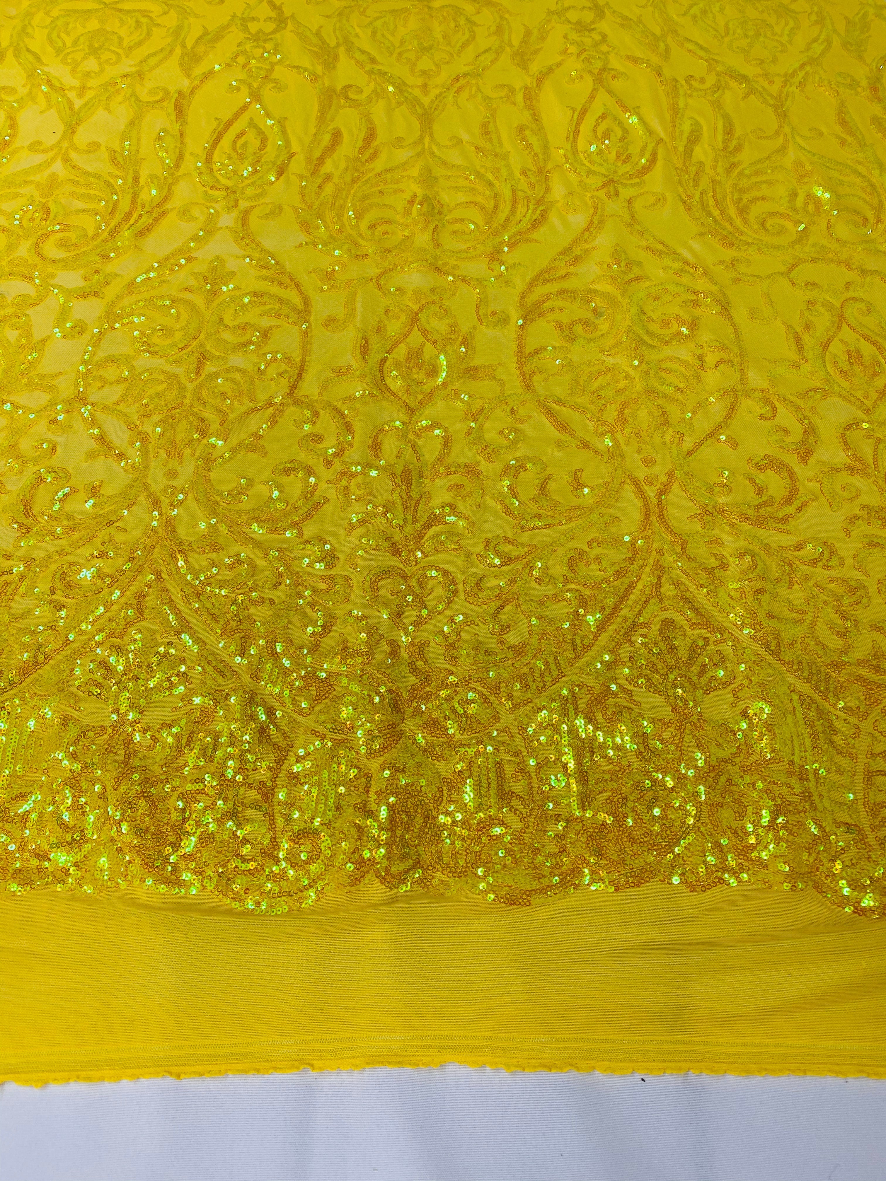 Damask Decor Sequins - Iridescent Yellow - 4 Way Stretch Design High Quality Fabric On Mesh