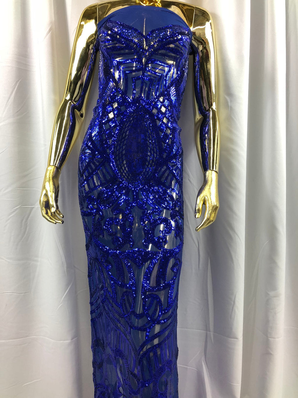 Fabric 4 Way Stretch By The Yard - Royal Sequins - Embroidered Mesh Design Fabric By The Yard