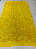 Damask Decor Sequins - Iridescent Yellow - 4 Way Stretch Design High Quality Fabric On Mesh