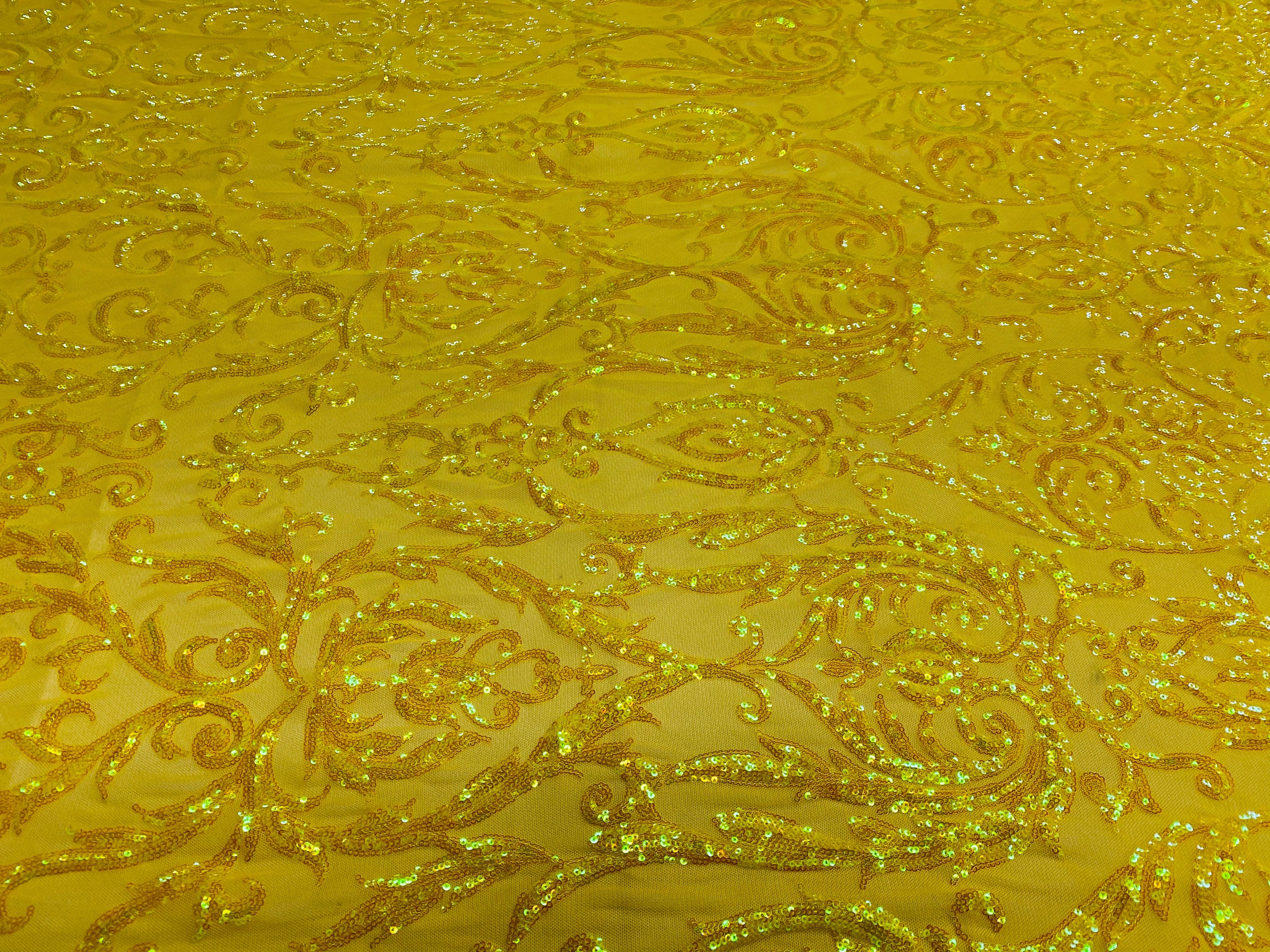 Damask Decor Sequins - Iridescent Yellow - 4 Way Stretch Design High Quality Fabric On Mesh