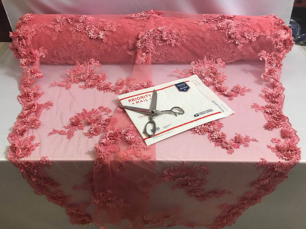 Floral - Coral Pink  - 3D Beaded Embroidery Fabric with Rhinestones - Beautiful Design by The Yard