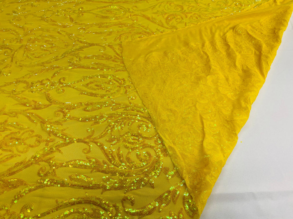 Damask Decor Sequins - Iridescent Yellow - 4 Way Stretch Design High Quality Fabric On Mesh