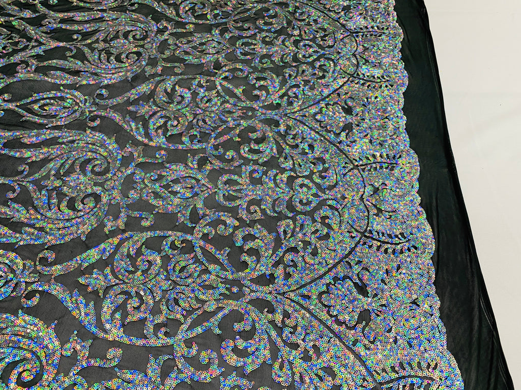 Damask Decor Sequins - Iridescent Silver on Black Mesh - 4 Way Stretch Design High Quality Fabric