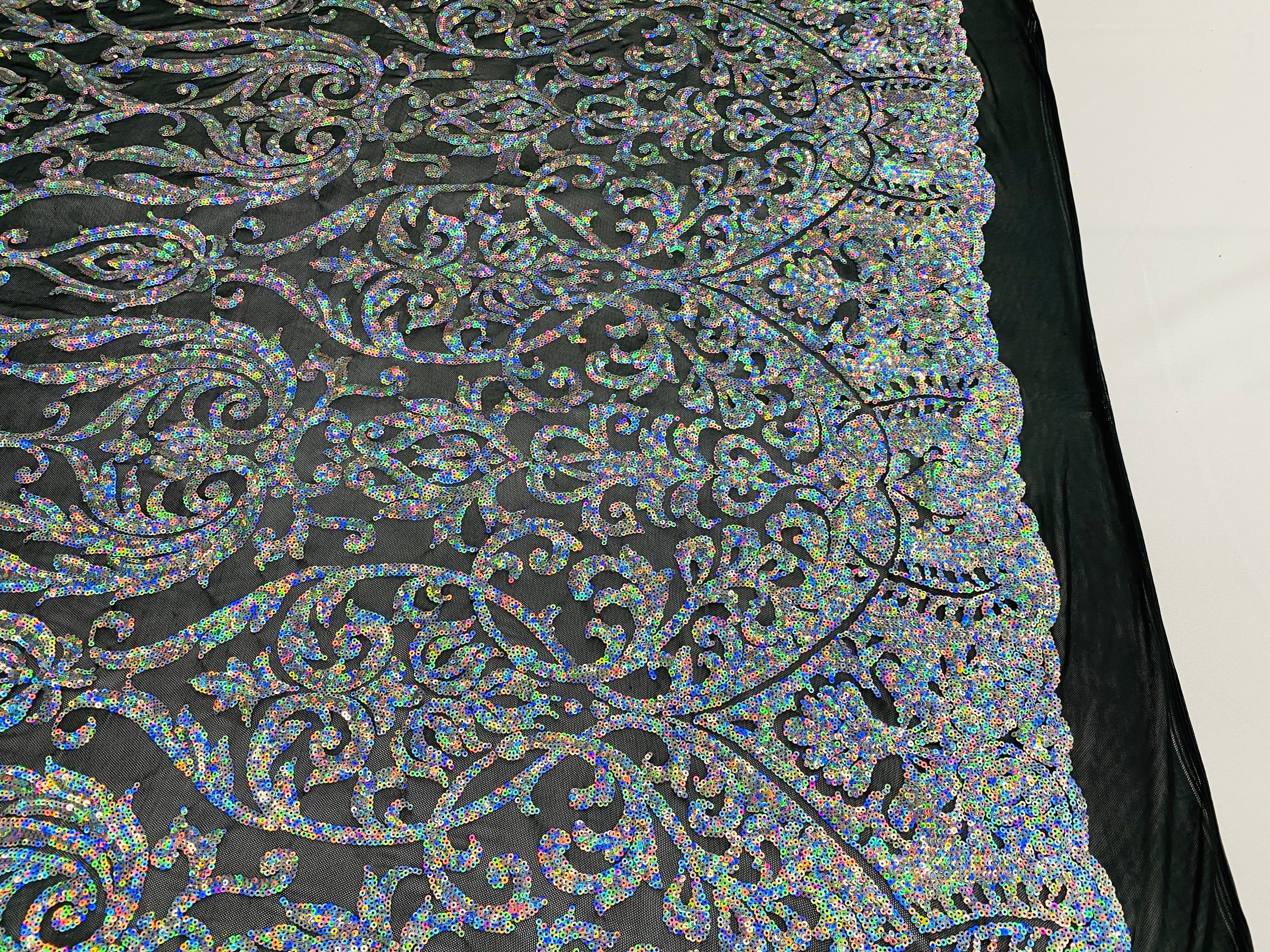 Damask Decor Sequins - Iridescent Silver on Black Mesh - 4 Way Stretch Design High Quality Fabric