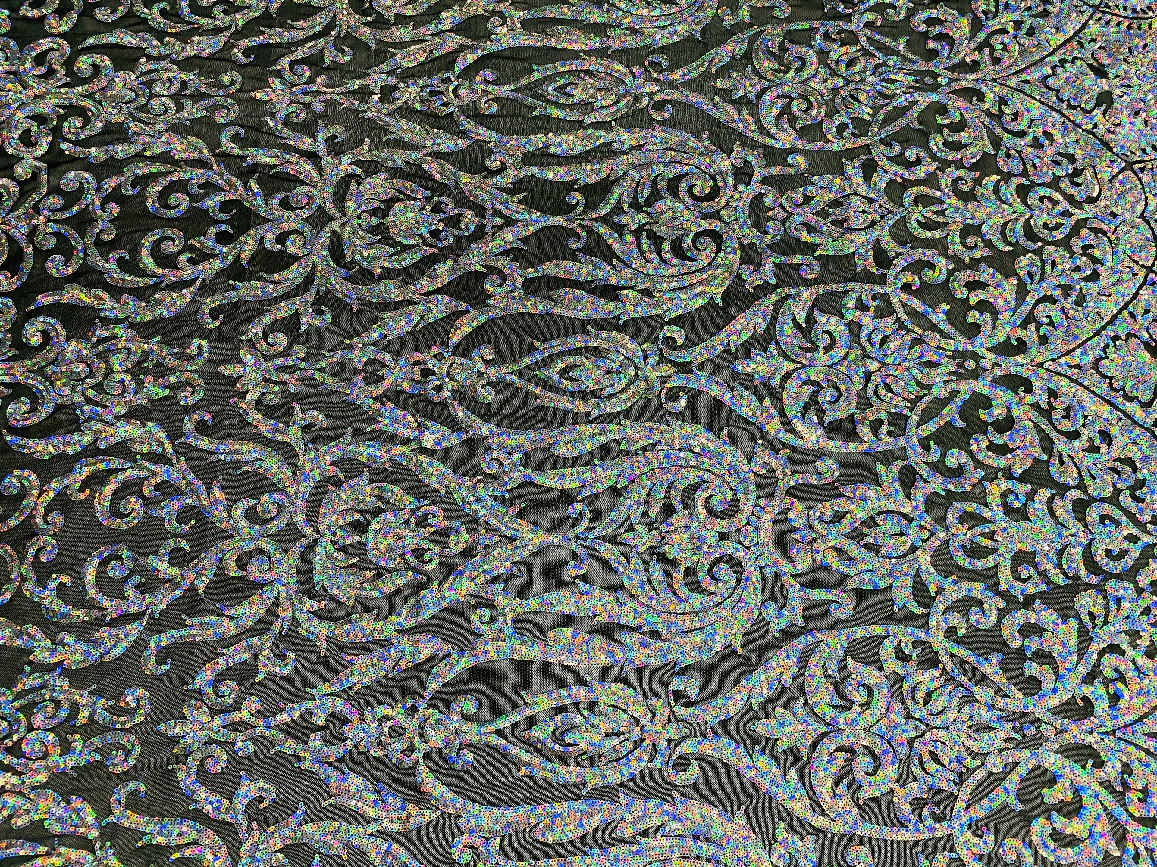Damask Decor Sequins - Iridescent Silver on Black Mesh - 4 Way Stretch Design High Quality Fabric