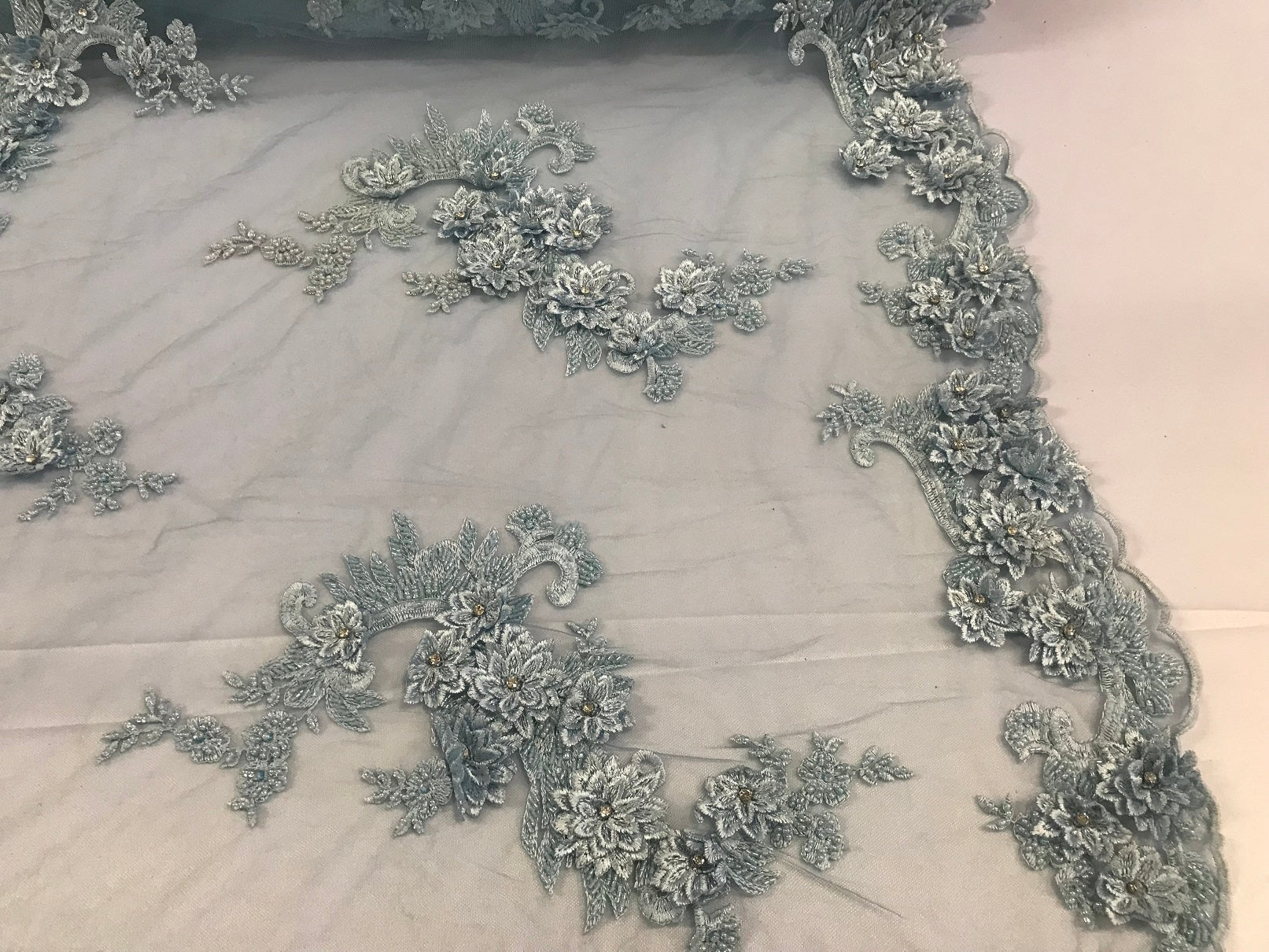 Floral - Baby Blue - 3D Beaded Embroidery Fabric with Rhinestones - Beautiful Design by The Yard