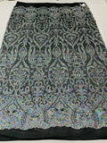 Damask Decor Sequins - Iridescent Silver on Black Mesh - 4 Way Stretch Design High Quality Fabric