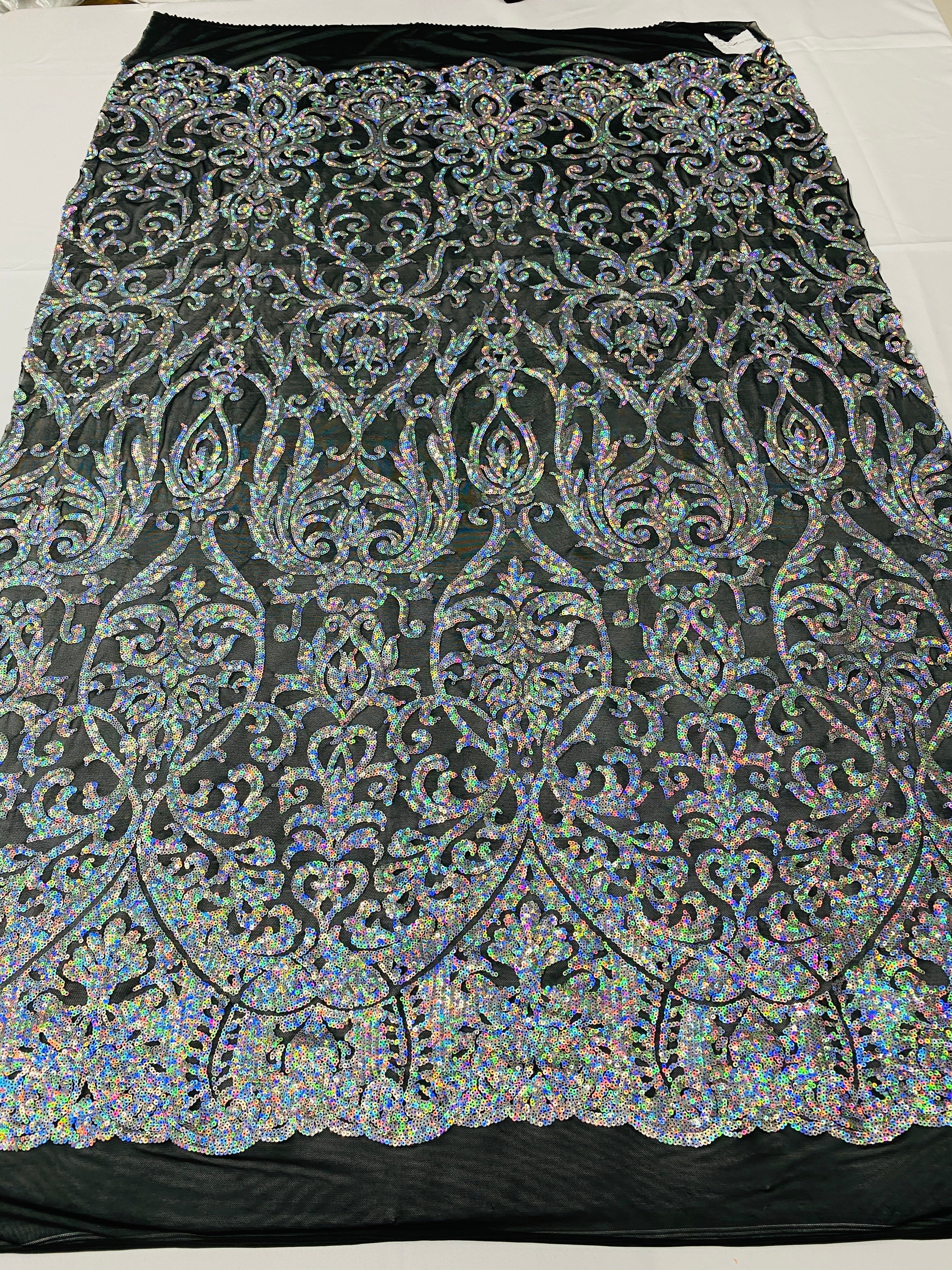 Damask Decor Sequins - Iridescent Silver on Black Mesh - 4 Way Stretch Design High Quality Fabric