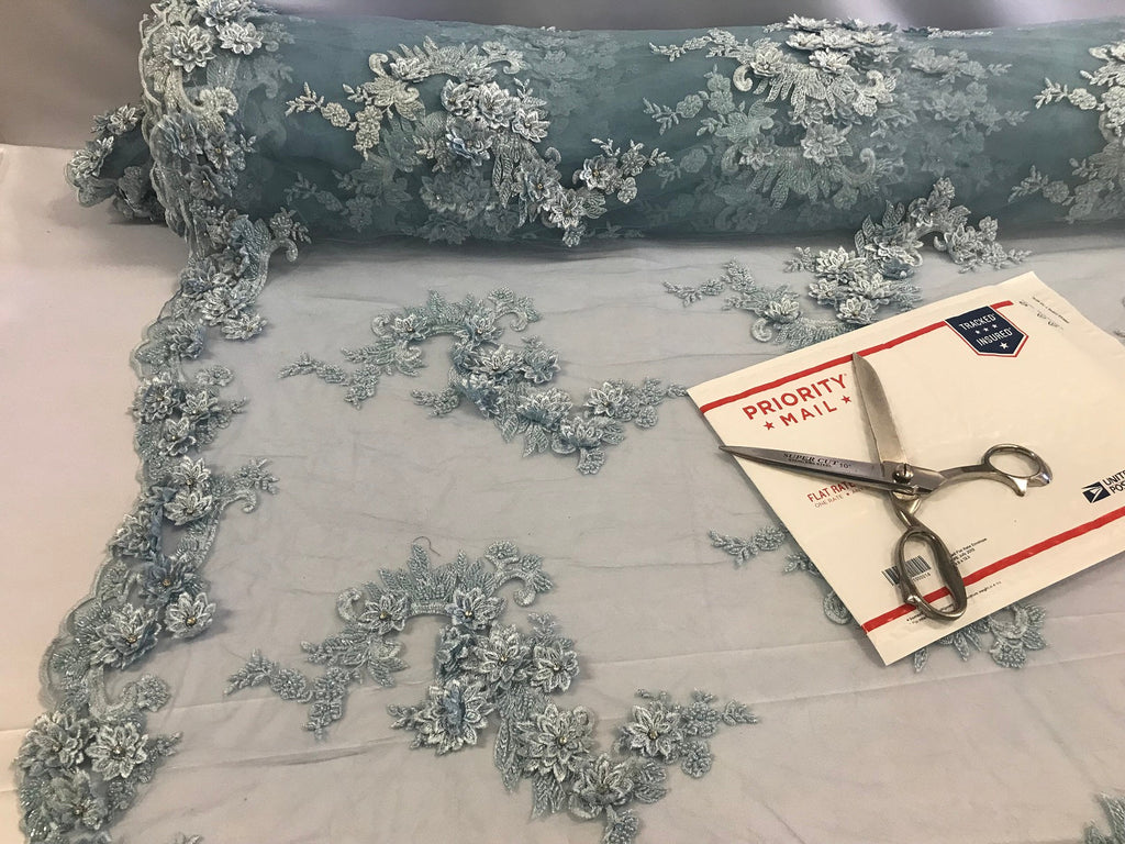 Floral - Baby Blue - 3D Beaded Embroidery Fabric with Rhinestones - Beautiful Design by The Yard