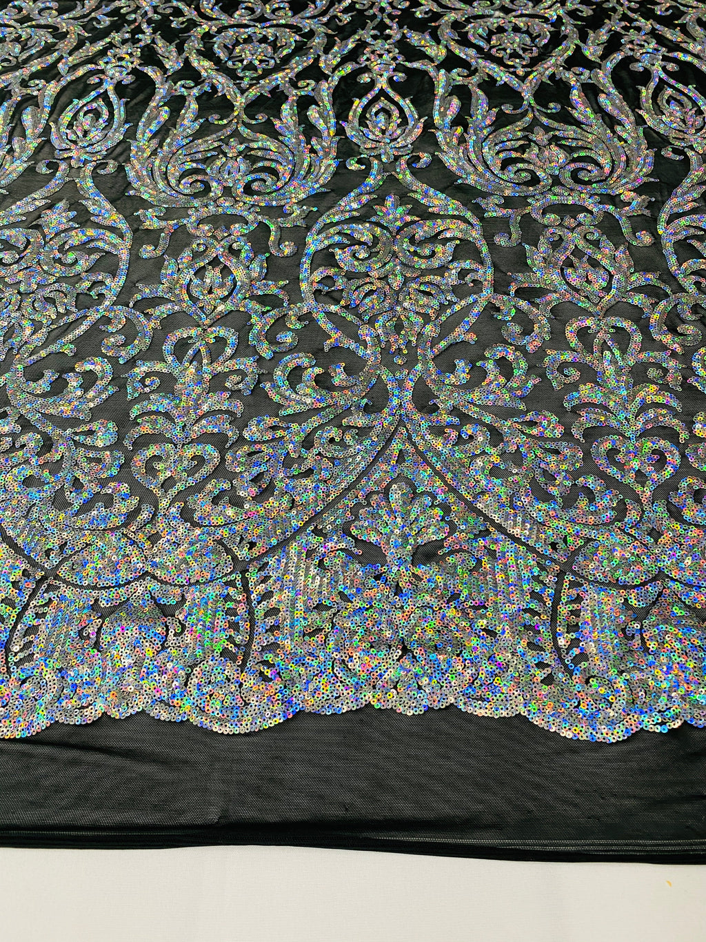 Damask Decor Sequins - Iridescent Silver on Black Mesh - 4 Way Stretch Design High Quality Fabric