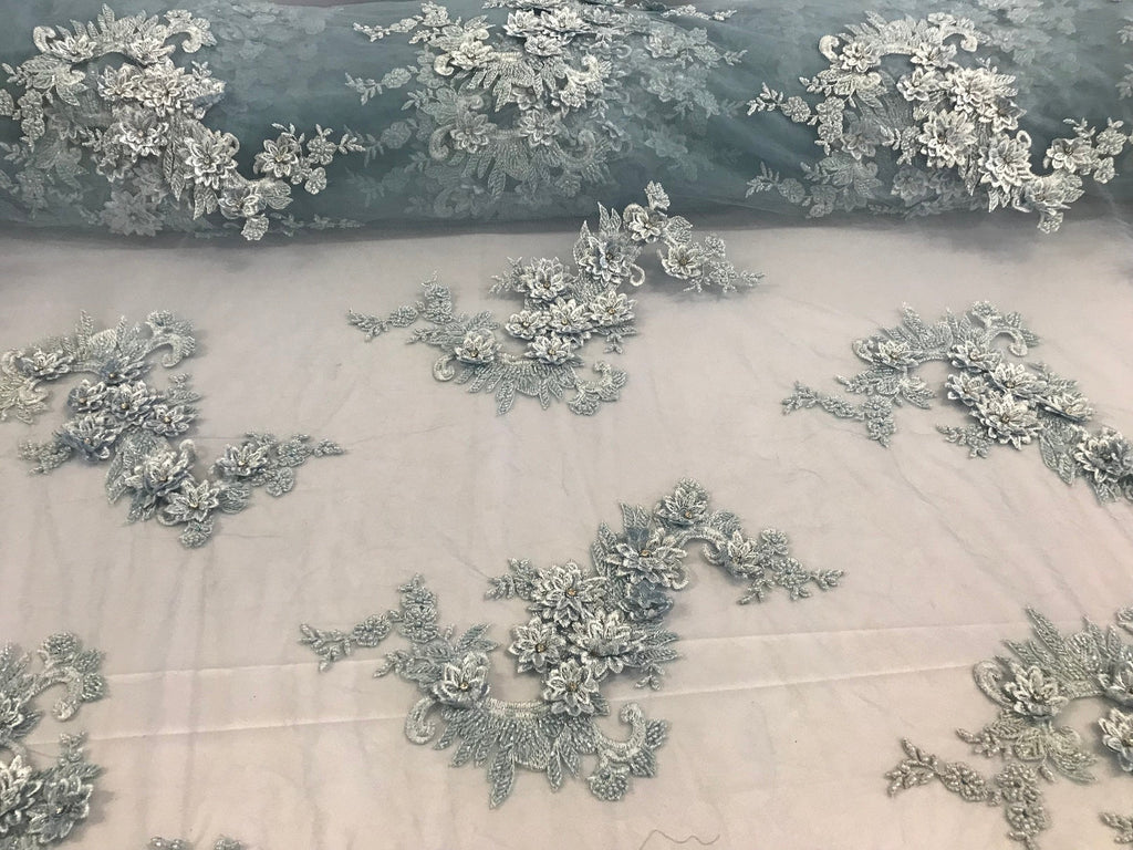 Floral - Baby Blue - 3D Beaded Embroidery Fabric with Rhinestones - Beautiful Design by The Yard