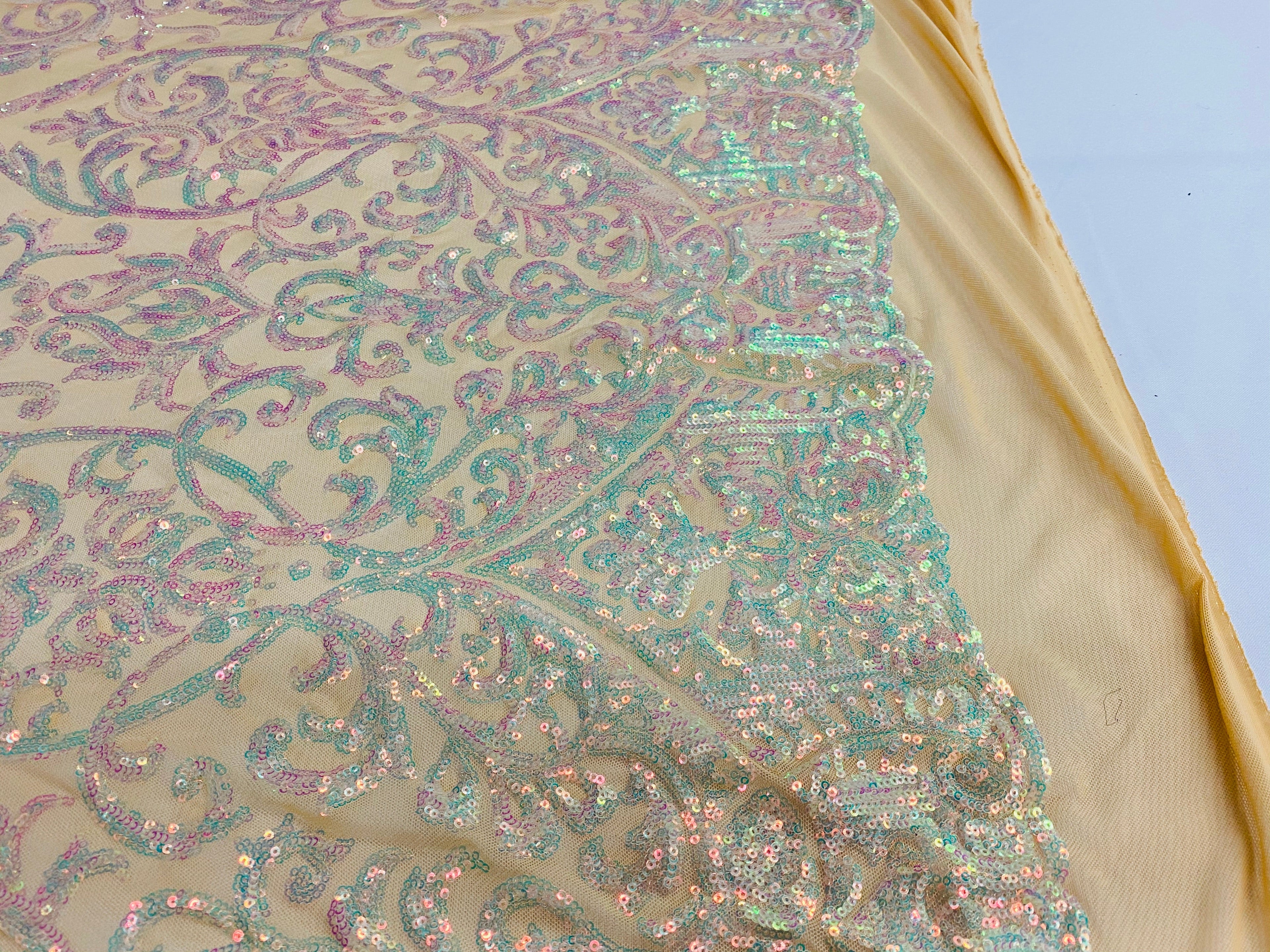 Damask Decor Sequins - Iridescent Clear Pink - 4 Way Stretch Design High Quality Fabric On Mesh
