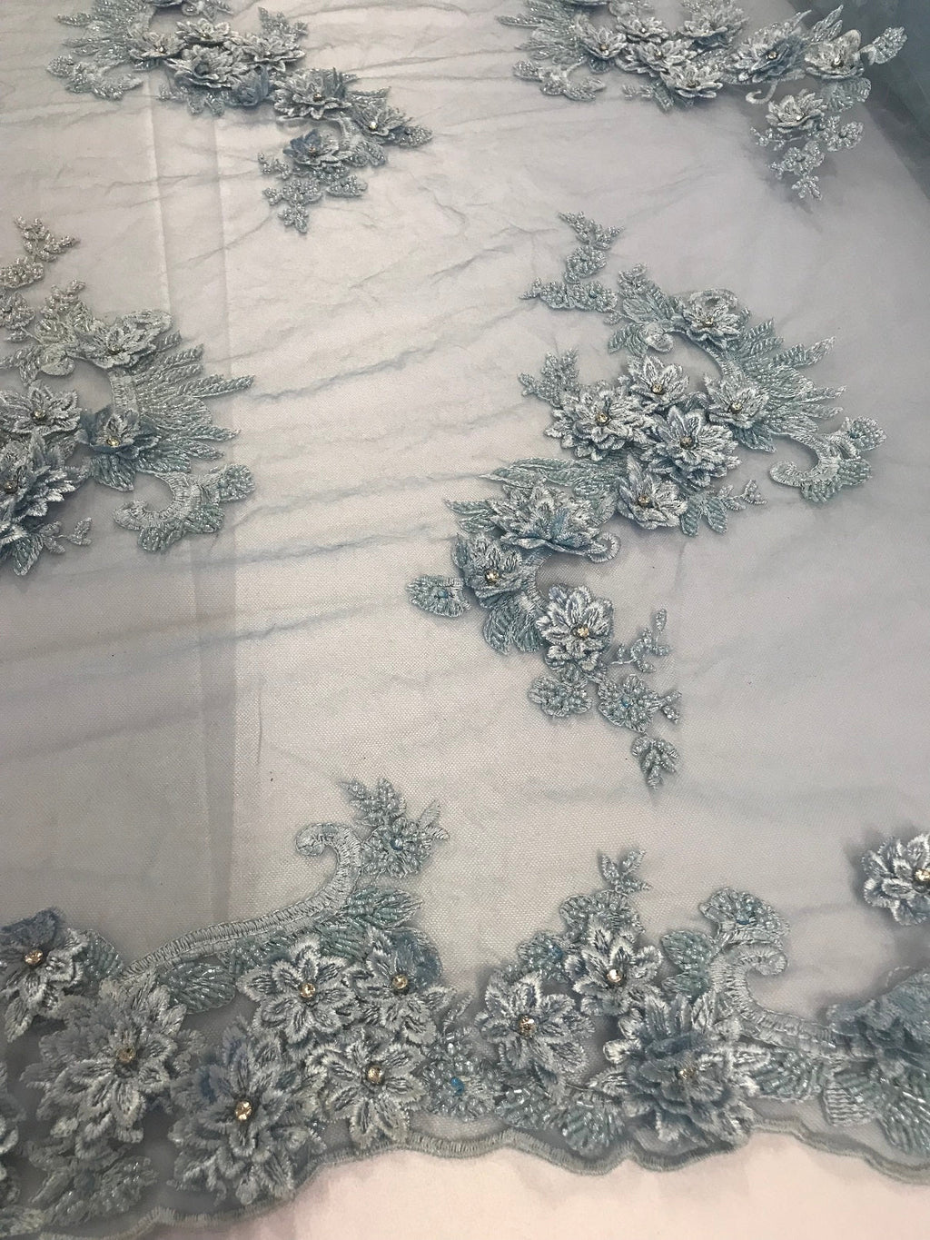 Floral - Baby Blue - 3D Beaded Embroidery Fabric with Rhinestones - Beautiful Design by The Yard
