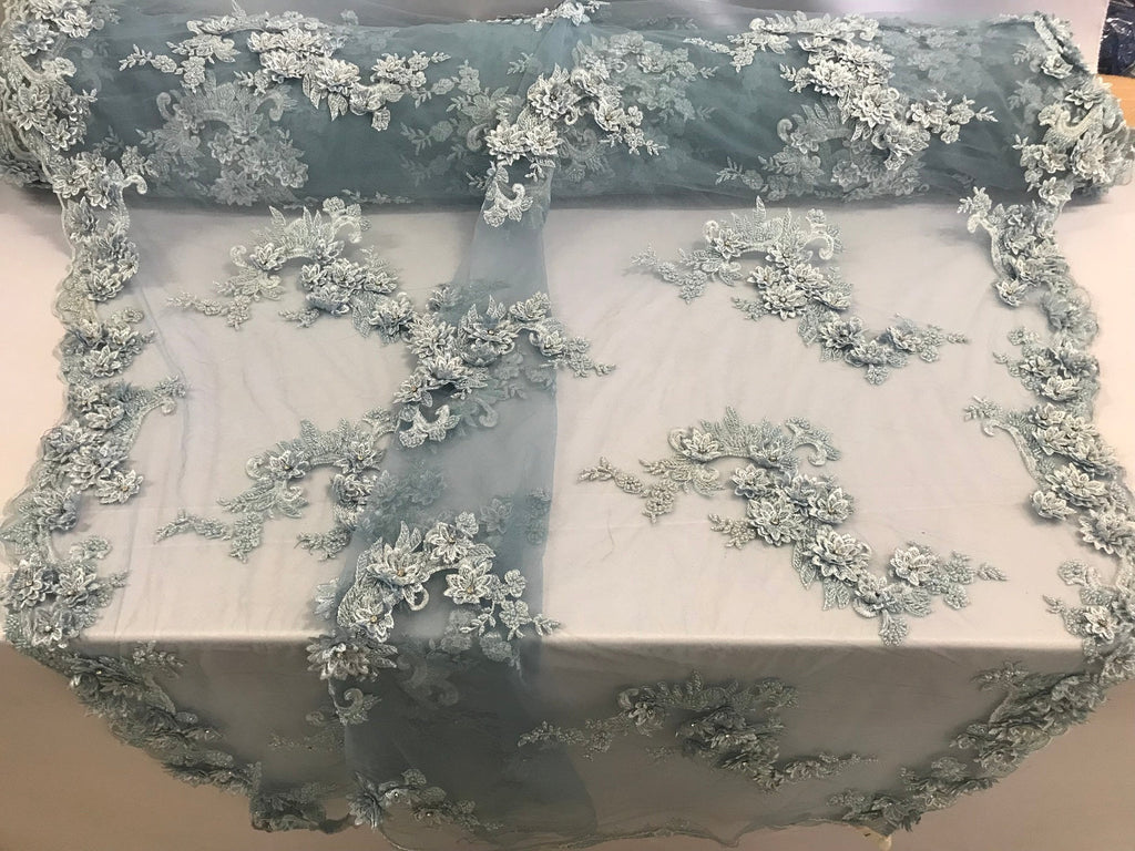Floral - Baby Blue - 3D Beaded Embroidery Fabric with Rhinestones - Beautiful Design by The Yard