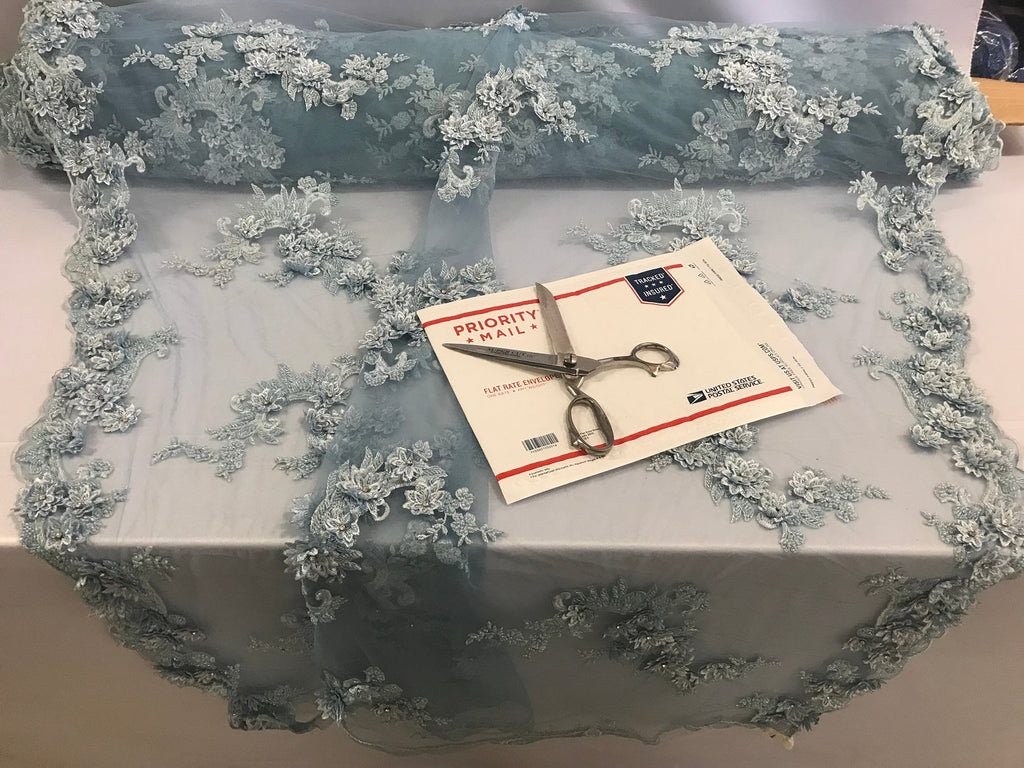 Floral - Baby Blue - 3D Beaded Embroidery Fabric with Rhinestones - Beautiful Design by The Yard