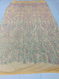 Damask Decor Sequins - Iridescent Clear Pink - 4 Way Stretch Design High Quality Fabric On Mesh