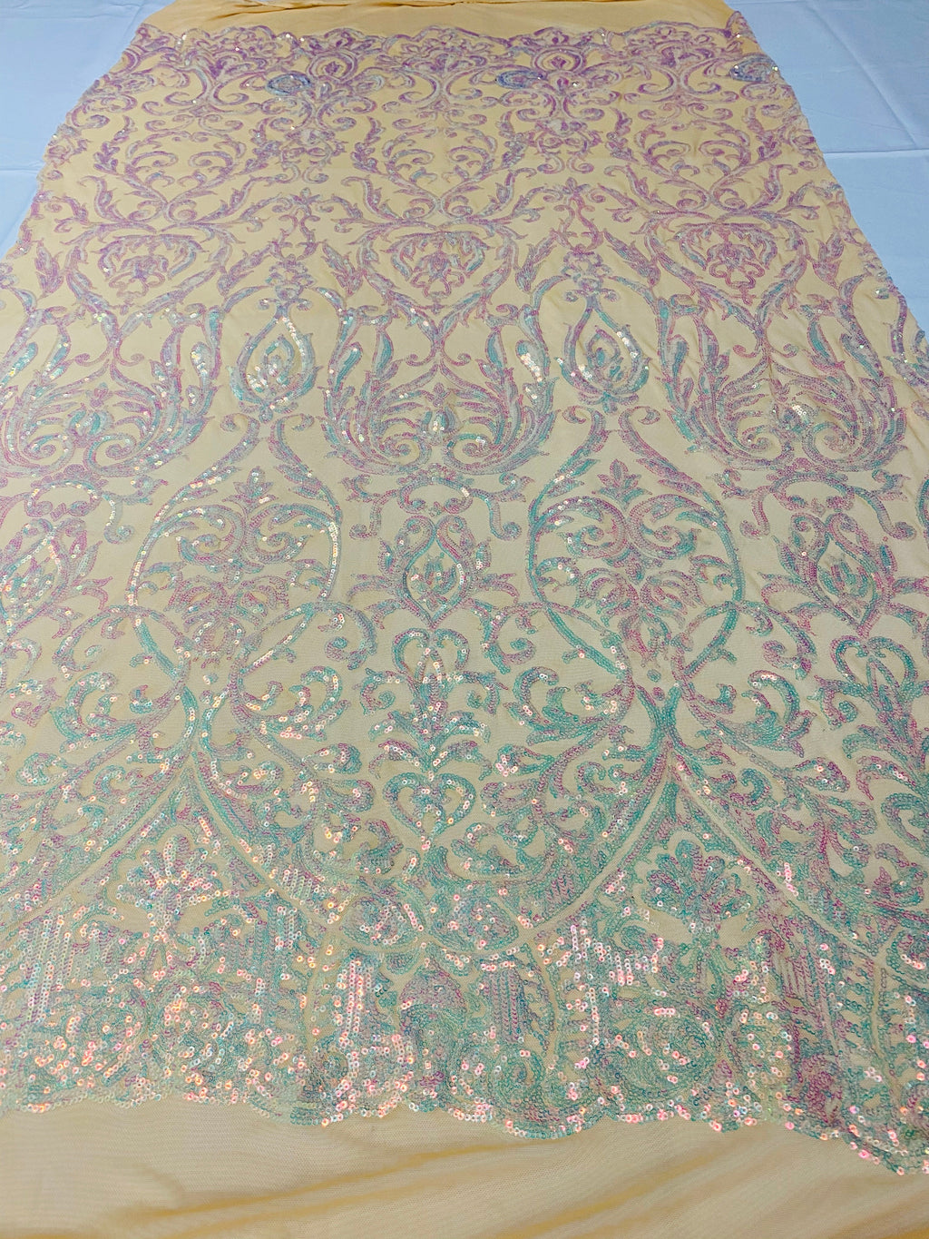Damask Decor Sequins - Iridescent Clear Pink - 4 Way Stretch Design High Quality Fabric On Mesh
