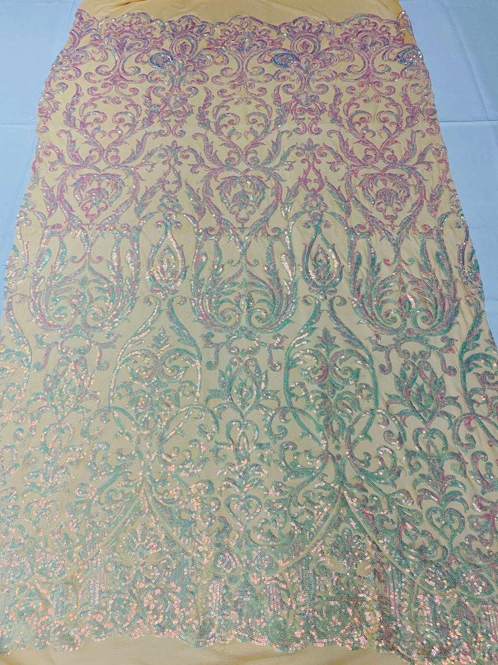 Damask Decor Sequins - Iridescent Clear Pink - 4 Way Stretch Design High Quality Fabric On Mesh