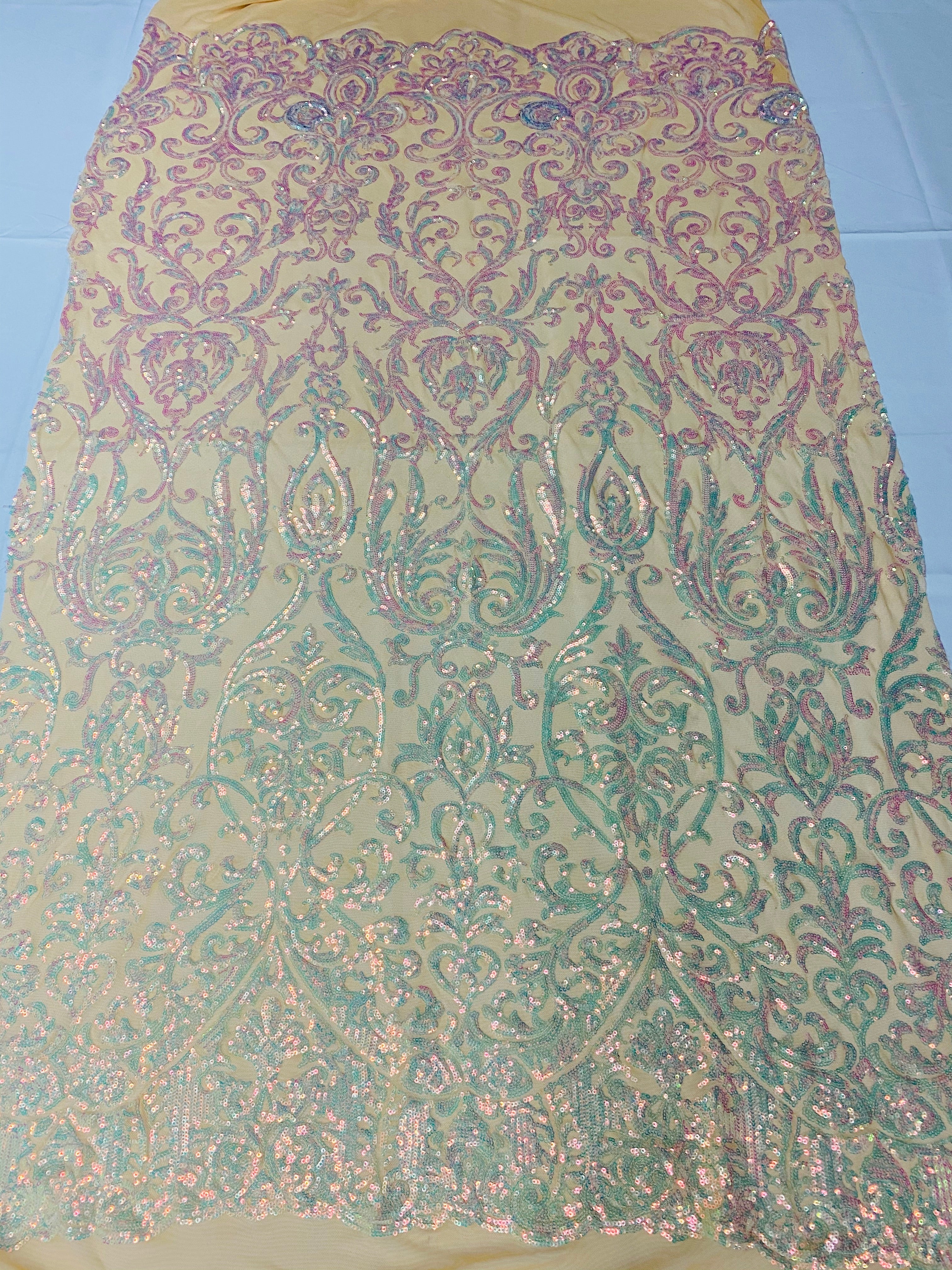Damask Decor Sequins - Iridescent Clear Pink - 4 Way Stretch Design High Quality Fabric On Mesh