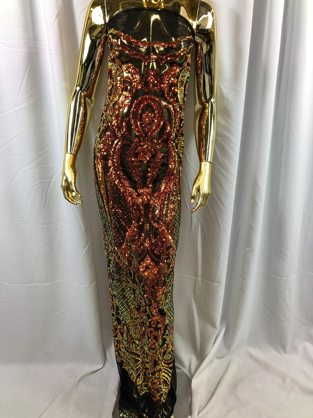 Orange Iridescent Sequin, 4 Way Stretch Damask Design Fabric On Stretch Mesh By The Yard
