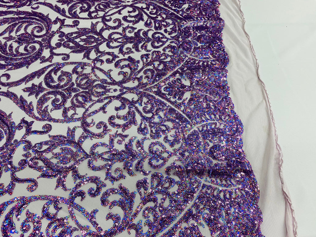 Damask Decor Sequins - Holographic Purple - 4 Way Stretch Design High Quality Fabric On Mesh