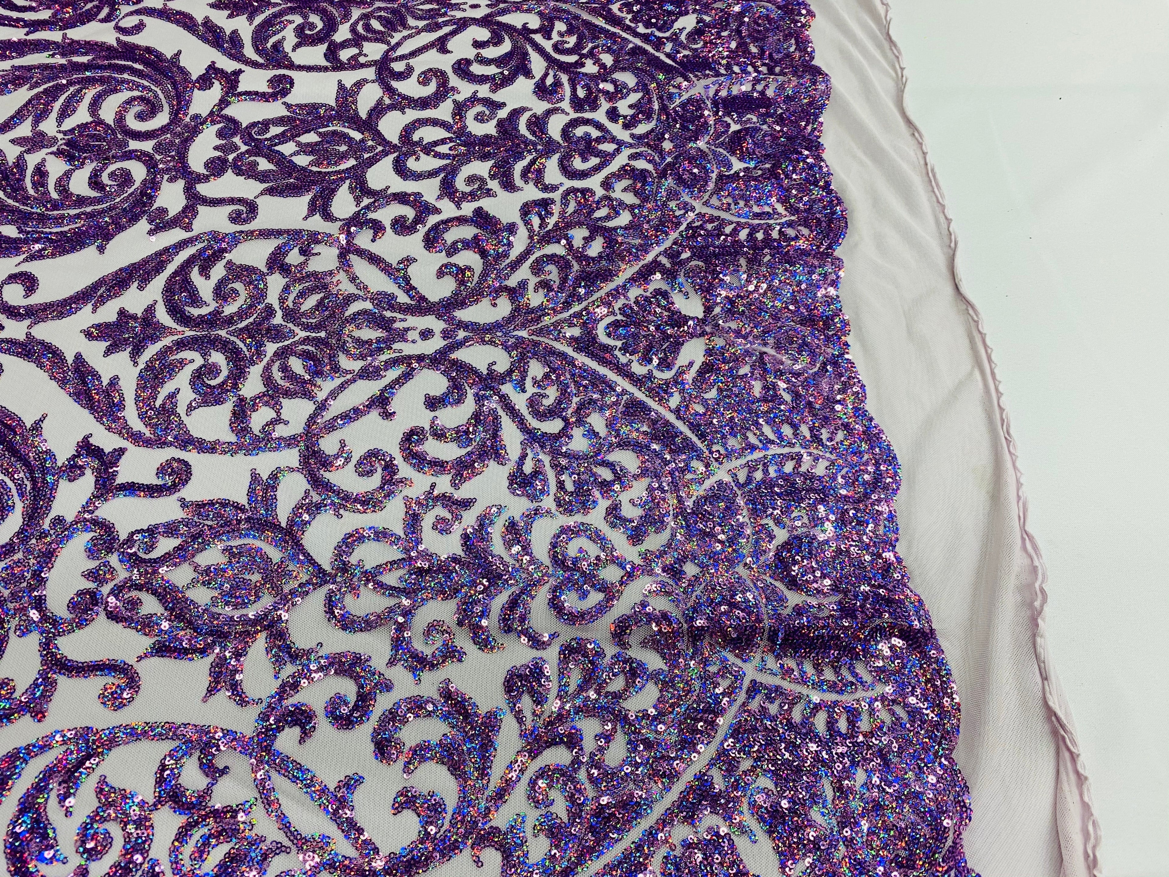 Damask Decor Sequins - Holographic Purple - 4 Way Stretch Design High Quality Fabric On Mesh