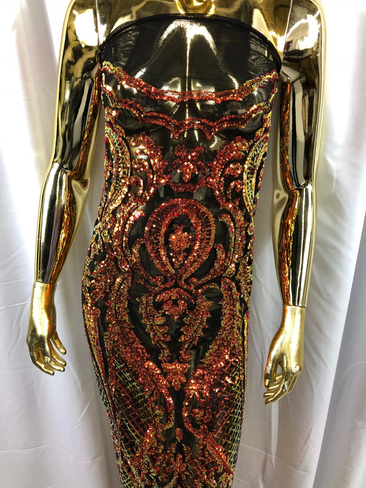 Orange Iridescent Sequin, 4 Way Stretch Damask Design Fabric On Stretch Mesh By The Yard