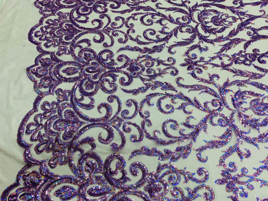 Damask Decor Sequins - Holographic Purple - 4 Way Stretch Design High Quality Fabric On Mesh