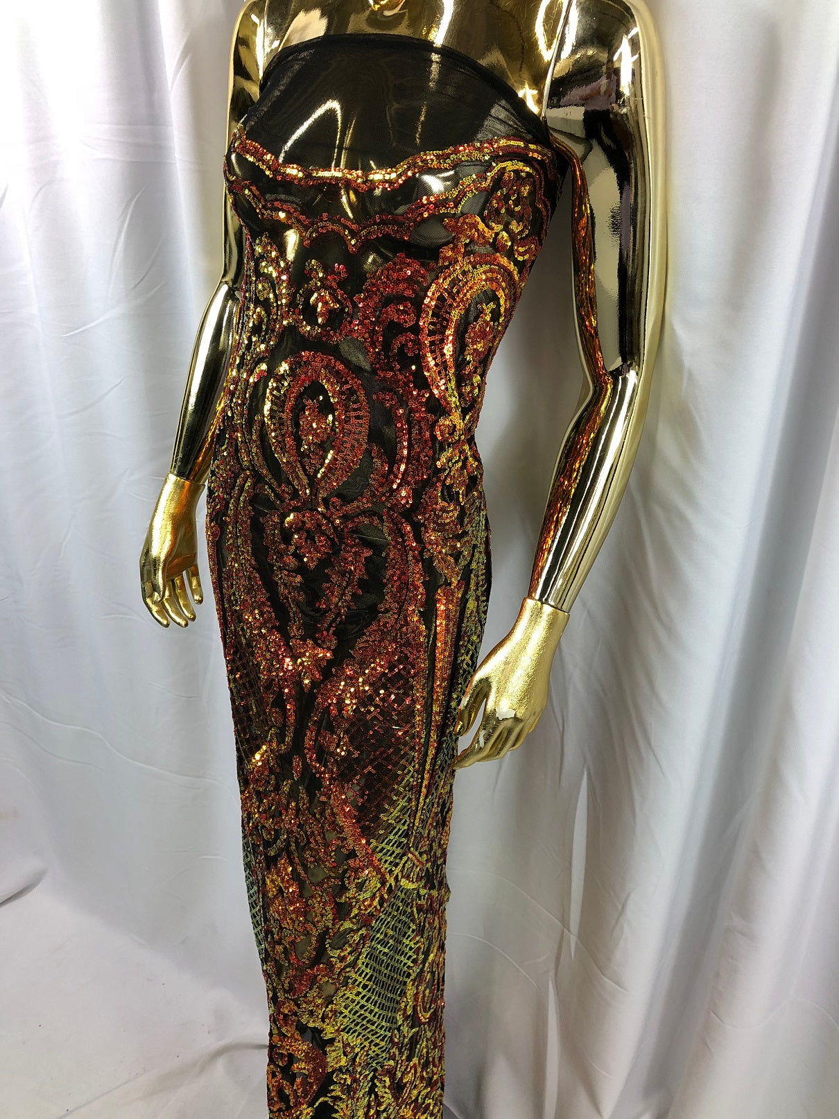 Orange Iridescent Sequin, 4 Way Stretch Damask Design Fabric On Stretch Mesh By The Yard