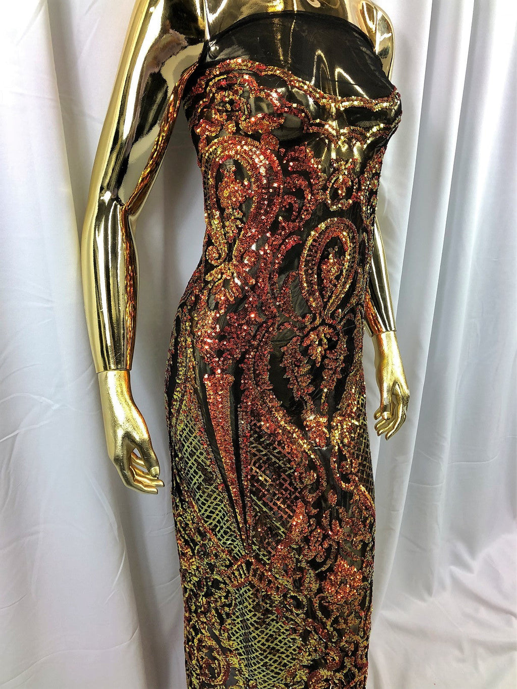 Orange Iridescent Sequin, 4 Way Stretch Damask Design Fabric On Stretch Mesh By The Yard
