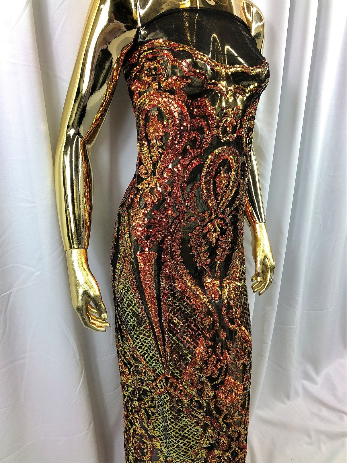 Orange Iridescent Sequin, 4 Way Stretch Damask Design Fabric On Stretch Mesh By The Yard