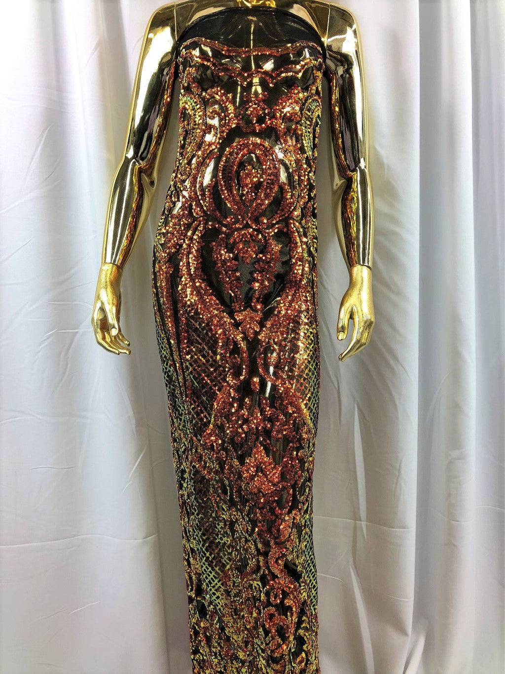 Orange Iridescent Sequin, 4 Way Stretch Damask Design Fabric On Stretch Mesh By The Yard