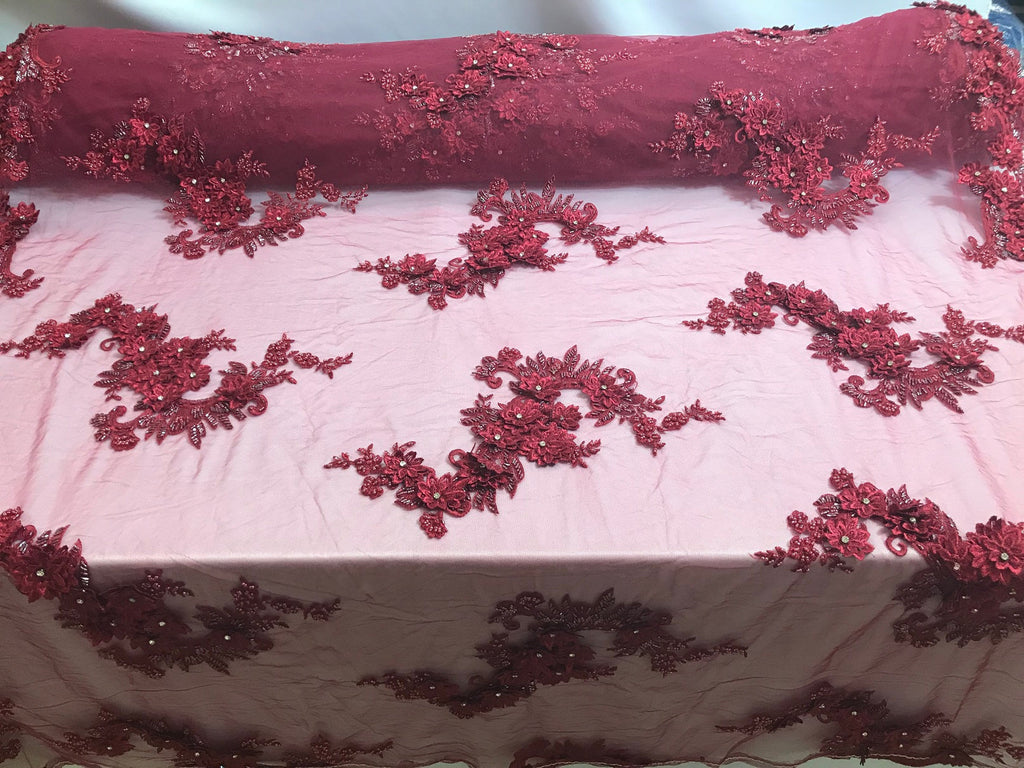 Floral - Burgundy - 3D Beaded Embroidery Fabric with Rhinestones - Beautiful Design by The Yard