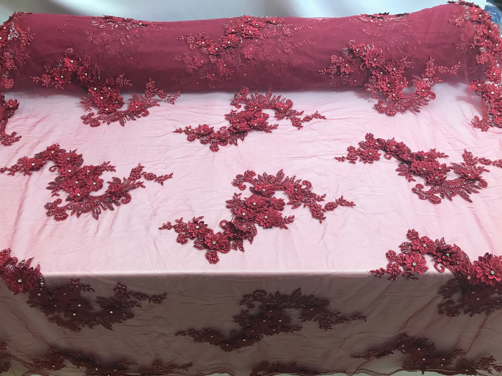 Floral - Burgundy - 3D Beaded Embroidery Fabric with Rhinestones - Beautiful Design by The Yard