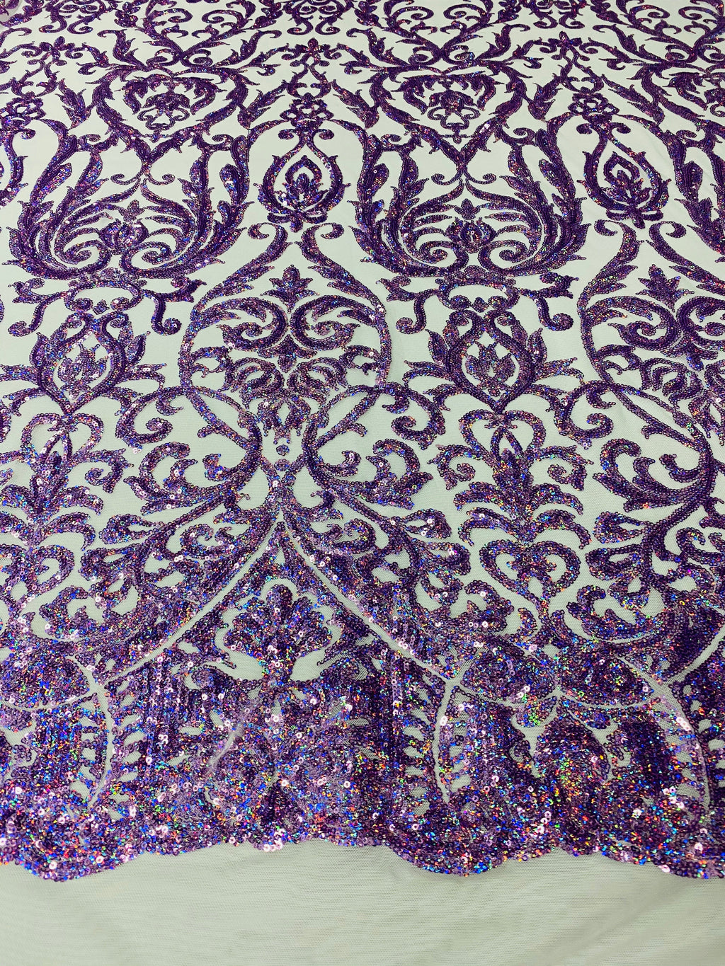 Damask Decor Sequins - Holographic Purple - 4 Way Stretch Design High Quality Fabric On Mesh