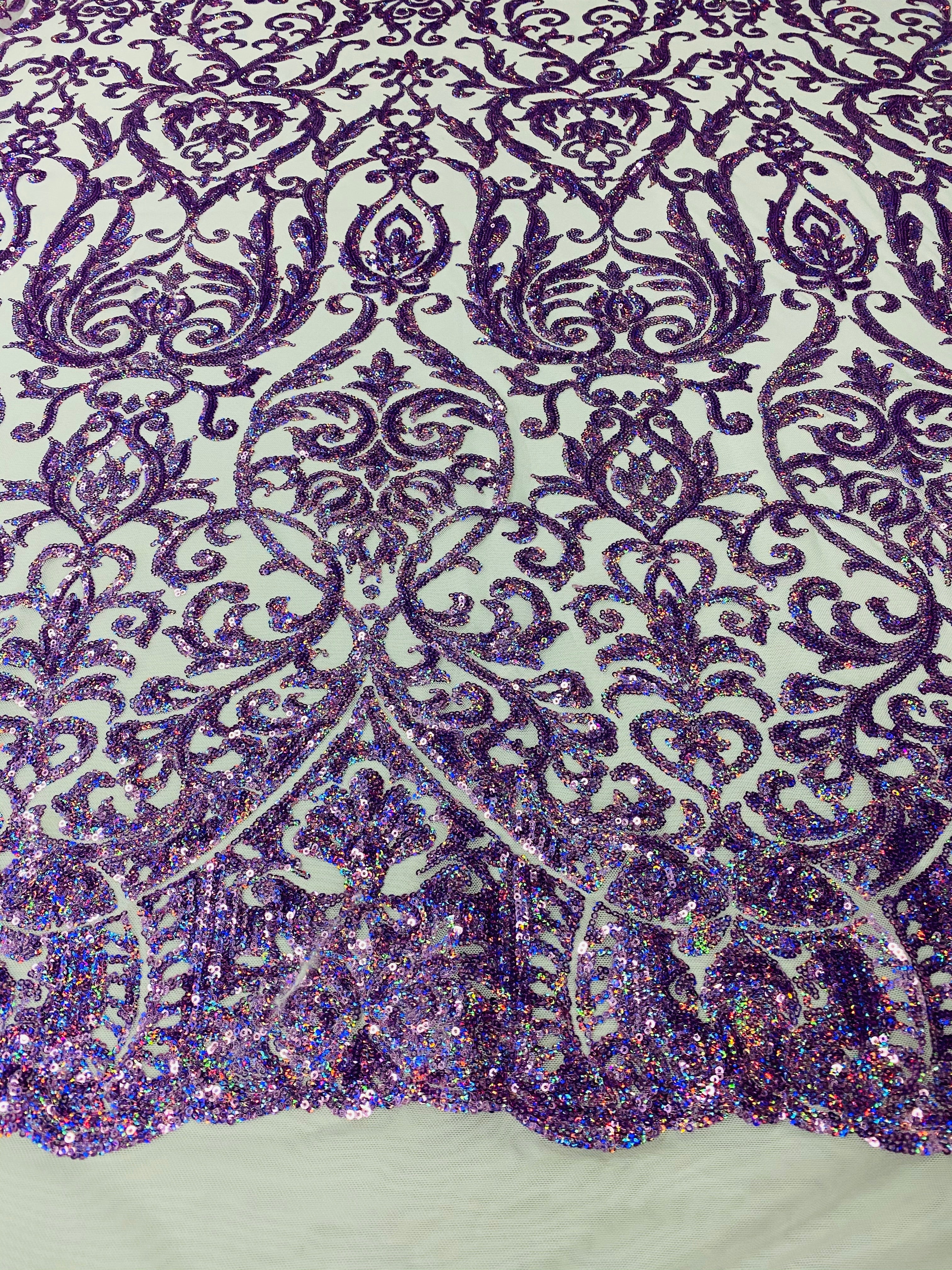 Damask Decor Sequins - Holographic Purple - 4 Way Stretch Design High Quality Fabric On Mesh
